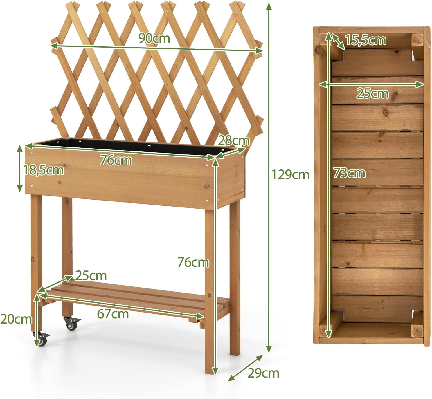 Jardinière Surélevée en Bois avec Treillis à Roulettes, Étagère Inférieure pour Fleurs, Légumes, Herbes, 90x29x129cm - 8