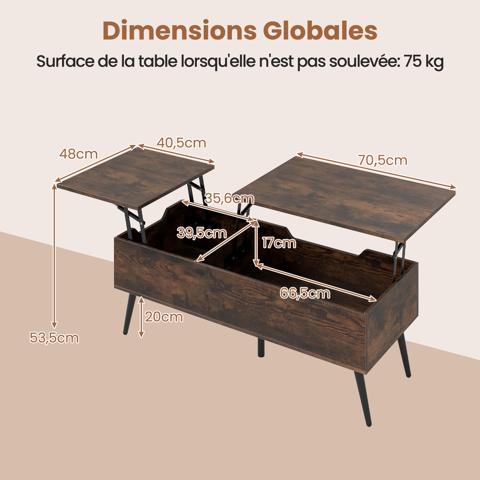 Stolik kawowy z regulacją wysokości, stół do salonu z podnoszonym blatem i 2 ukrytymi półkami, sbiura, 111 x 48 x 40-53,5 cm (brązowy) - 2