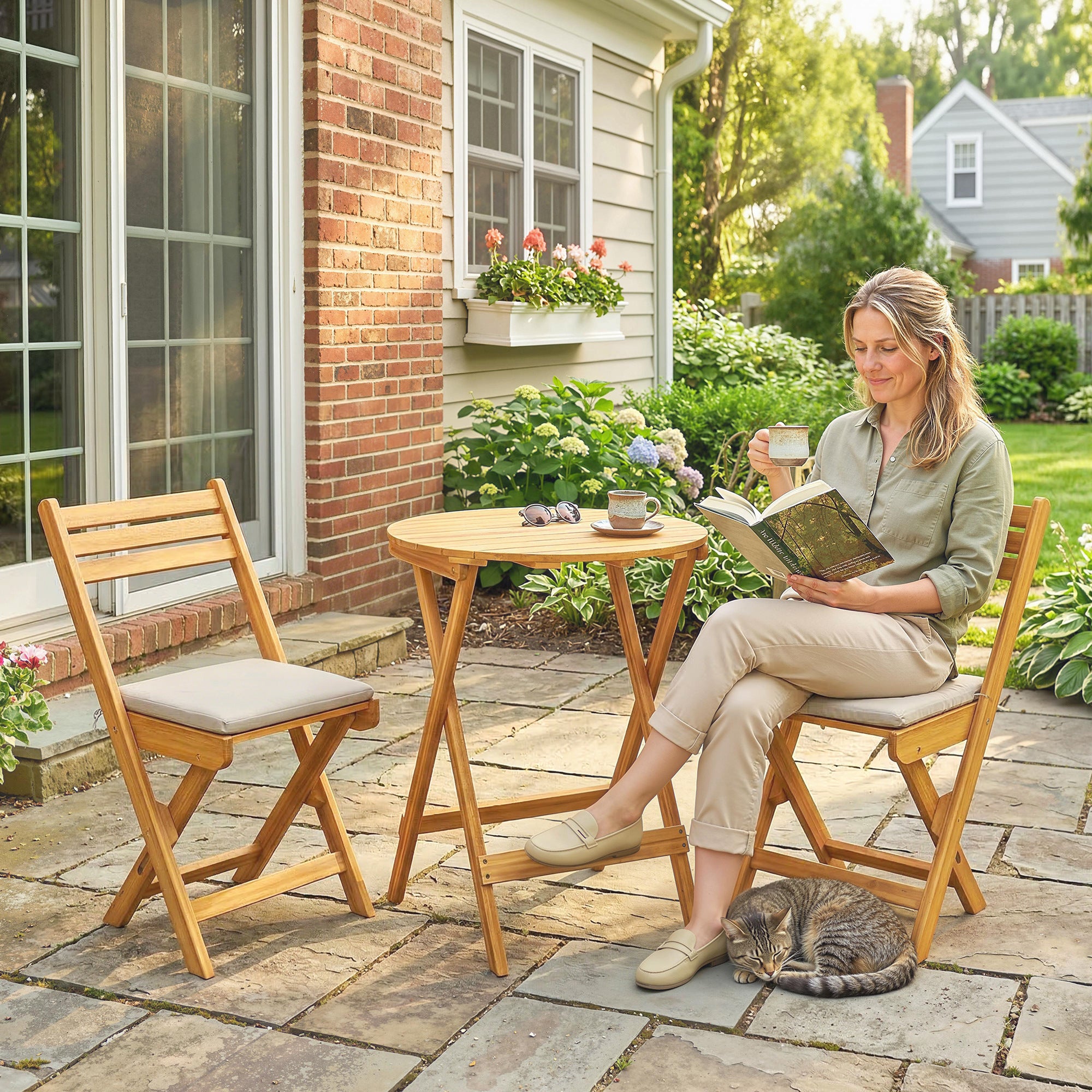 Ensemble mobilier balcon 3 pièces ensemble meubles jardin pliants bois FSC table ronde 2 chaises coussin assise assise lattes respirantes - 4