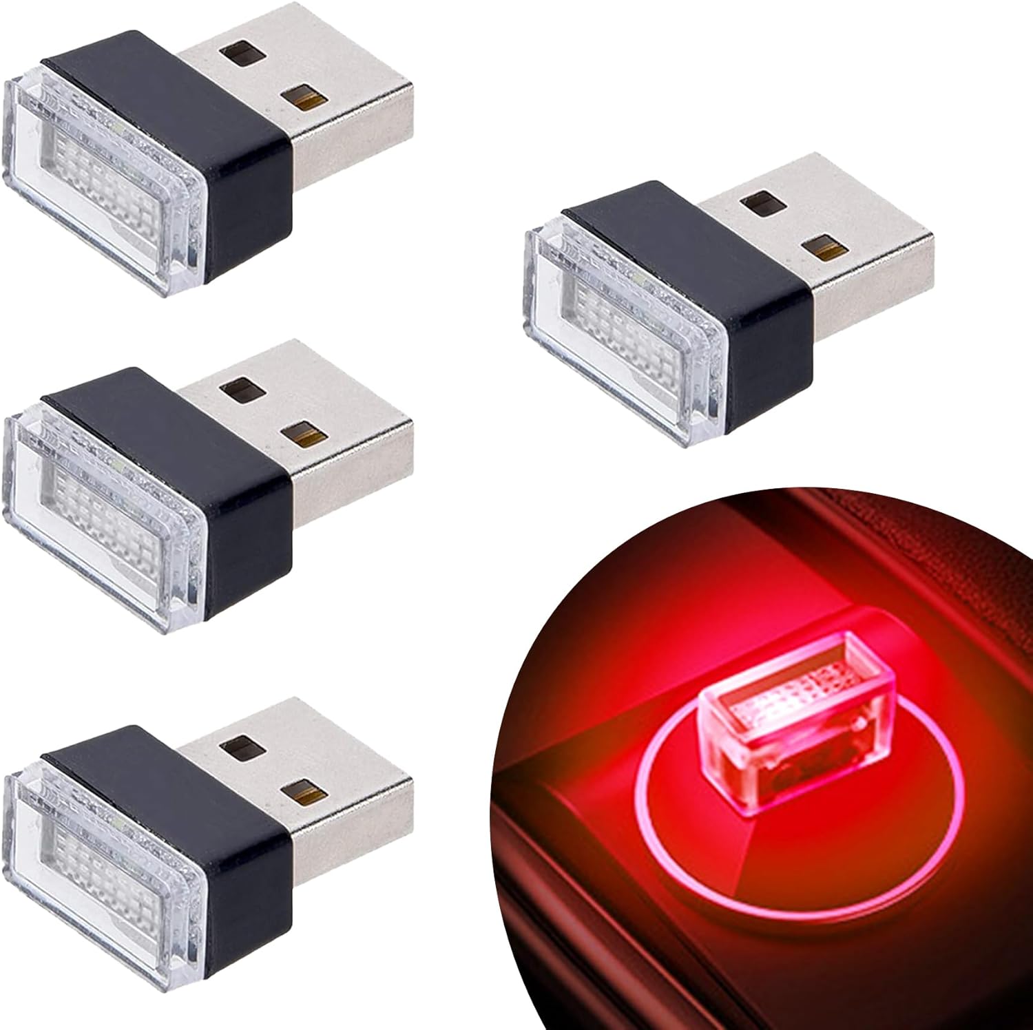 Zestaw 4 małych czerwonych diod LED USB do oświetlenia samochodu, do dekoracji i dekoracji Twojego pojazdu.