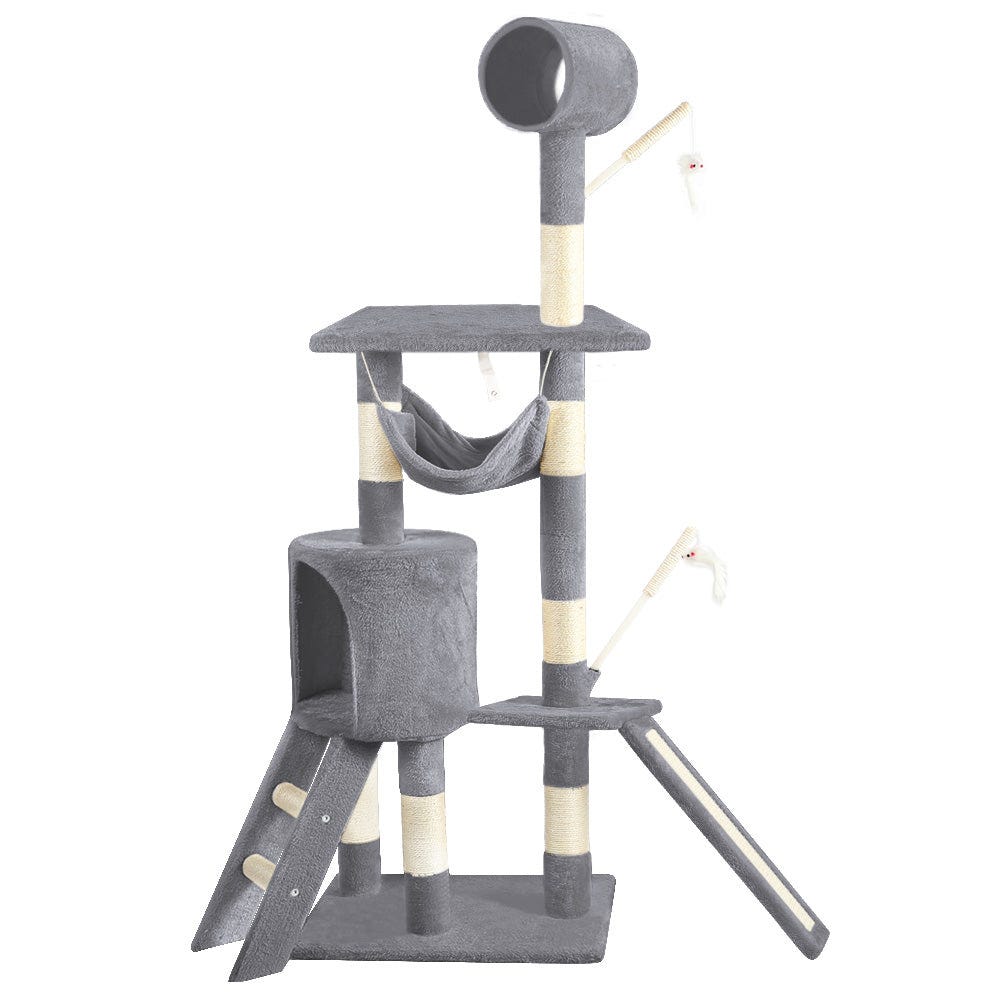 Albero Tiragraffi Per Gatti A 3 Livelli Con Casetta - Pali In Sisal, Peluche Morbido, Grigio 110 Cm