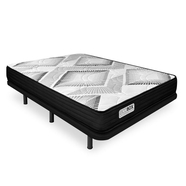 Base tapizada flora Negro + colchón Boxvisco Viscoelastico con muelles ensacados + 2 almohadas 135x190cm
