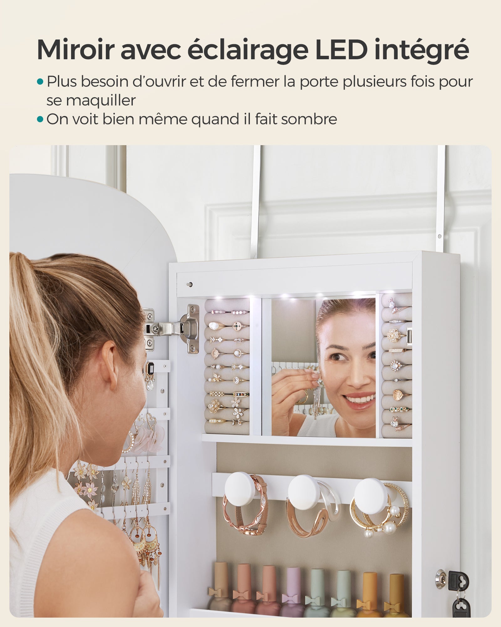 Armoire à Bijoux, Miroir Mural avec LED et Serrure, Surface Blanche et Doublure Grise Beige - 2