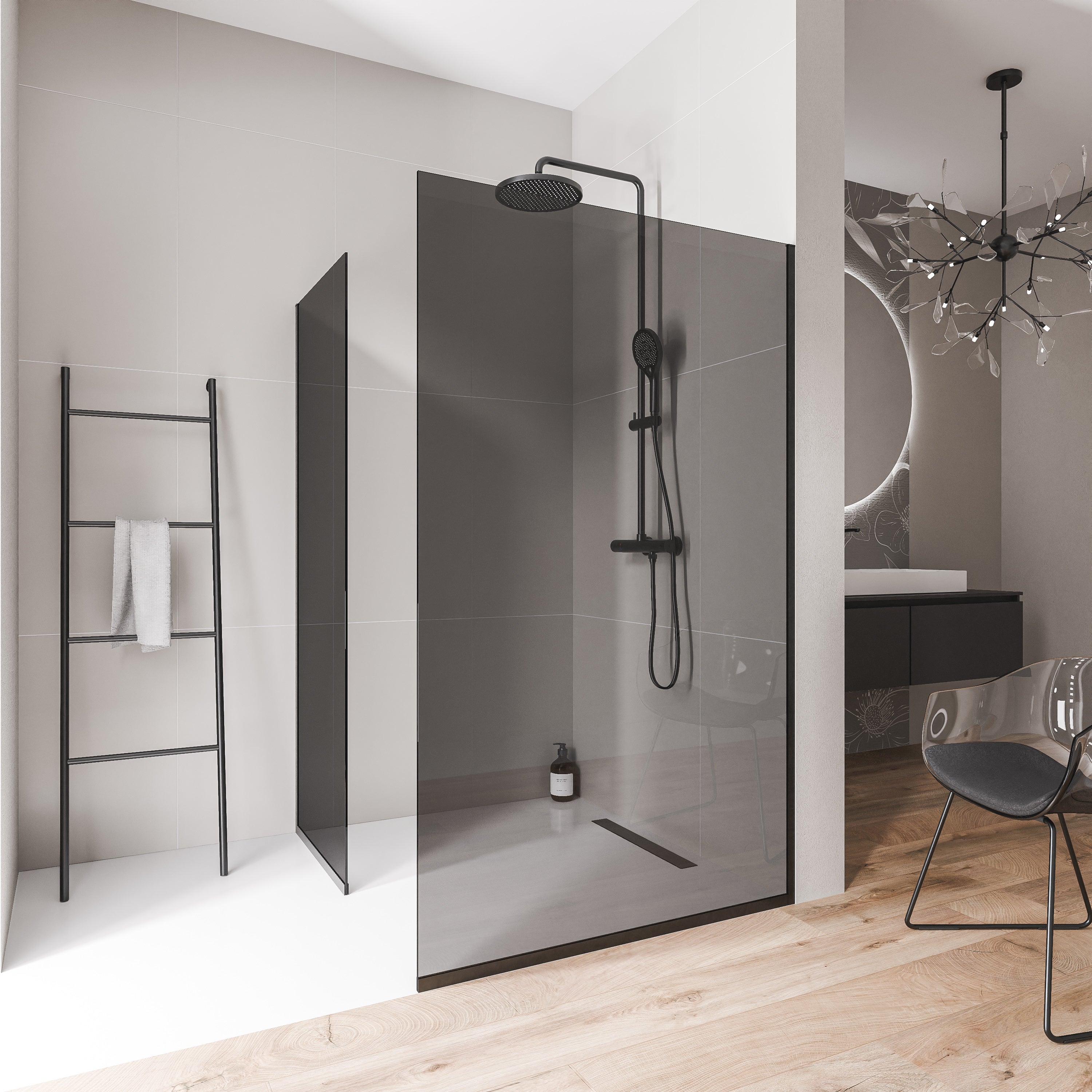 Bernstein Kabina prysznicowa Walk-In EX102 szkło ESG 10mm - 2 ścianki profil ścienny i podłogowy czarny mat 140x80cm - 2