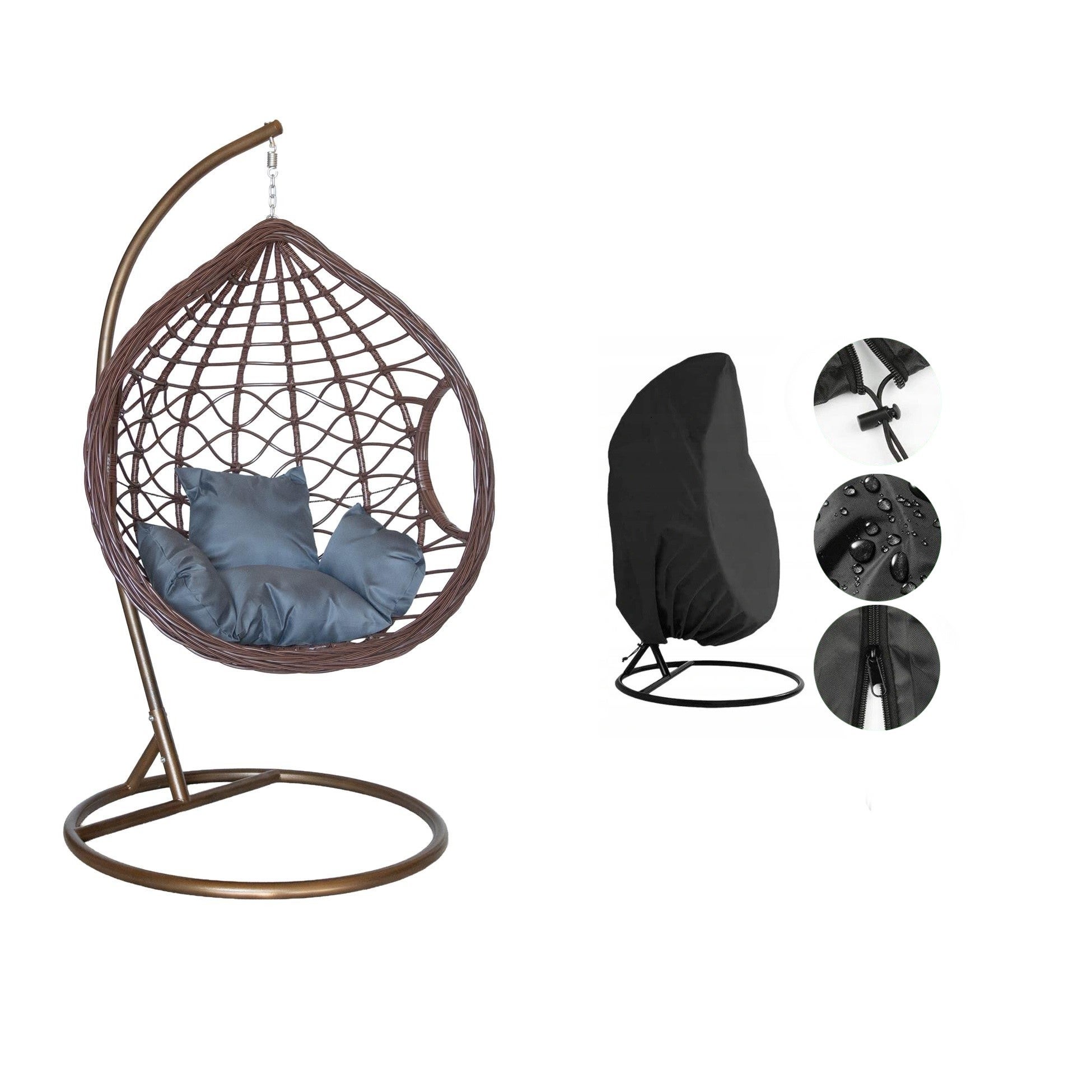 Fotel ogrodowy wiszący NEST – brązowy kokon z szarą poduszką i pokrowcem przeciwdeszczowym