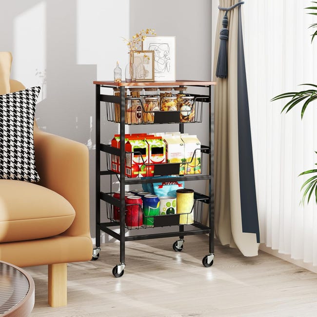 Chariot De Rangement à 5 Niveaux Avec Roulettes - 4 Tiroirs Grillagés + Planche En Bois - Blanc, étroit (30,5 Cm) - Pour Cuisine, Salle De Bain, Bureau