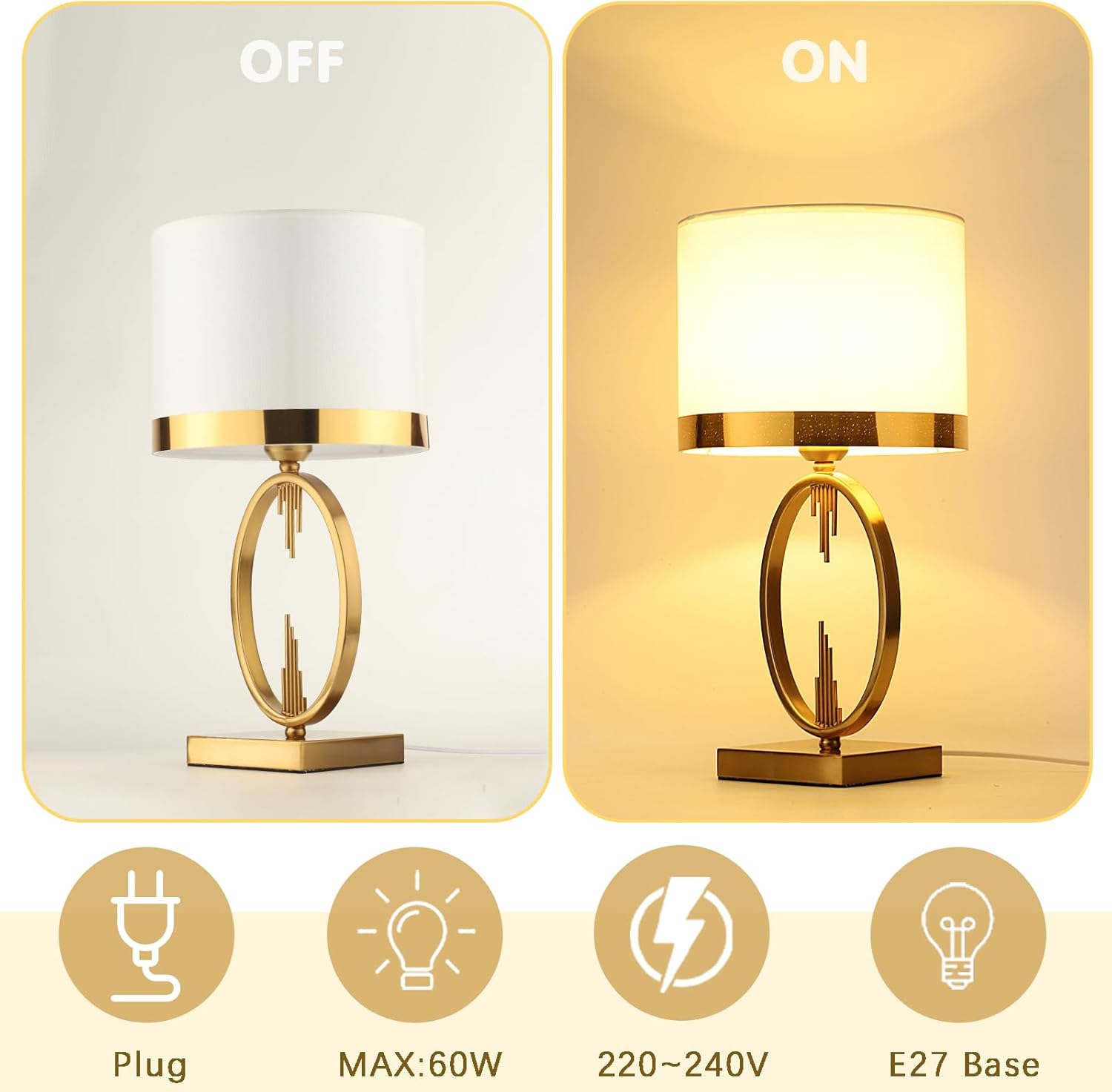 Nowoczesna, lekka i luksusowa lampa stołowa, lampka nocna E27 do salonu, lampa stołowa z białym, materiałowym kloszem, lampka nocna z podstawą - 5