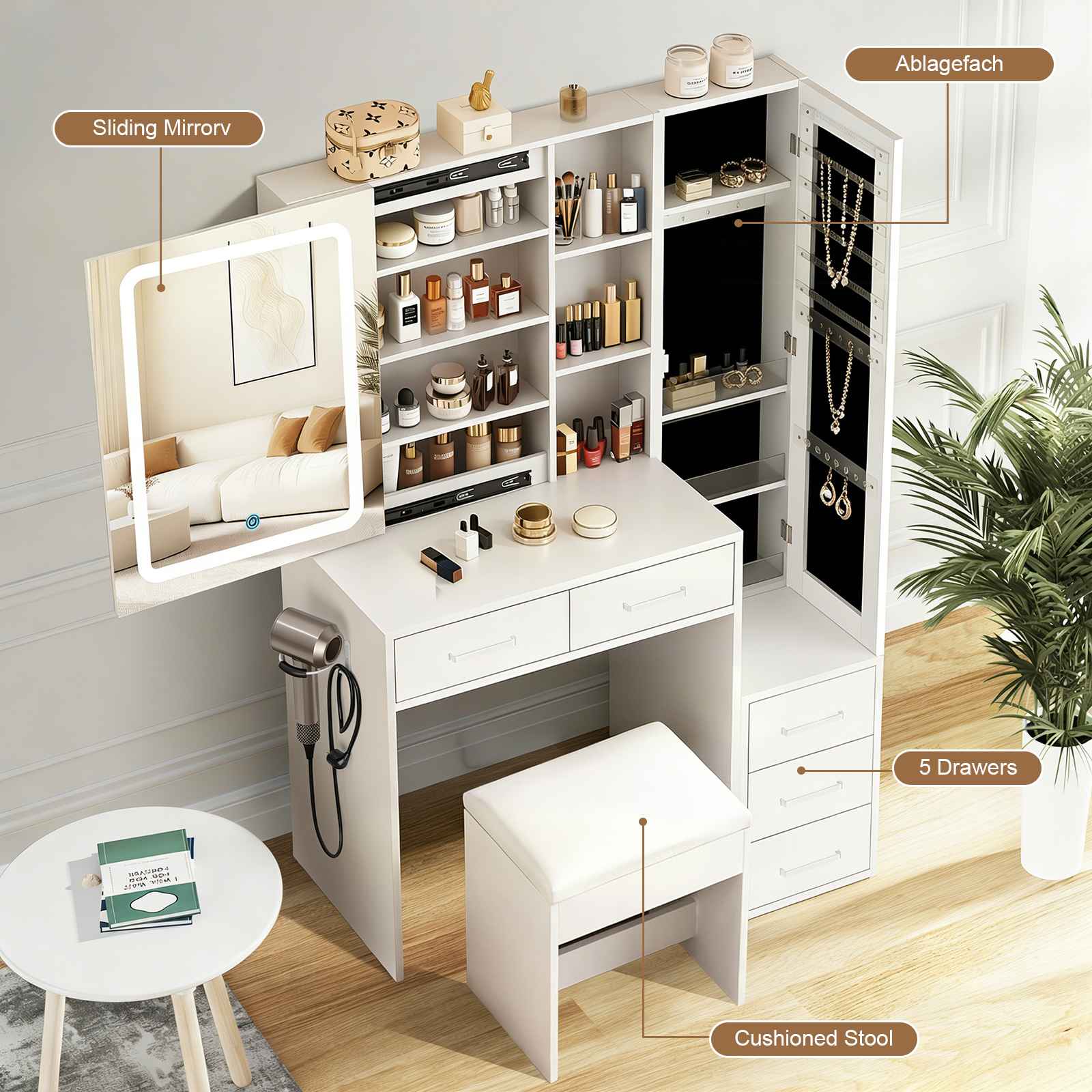 Coiffeuse multifonction avec miroir LED coulissant, rangement bijoux intégré, 5 tiroirs et tabouret rembourré - 4