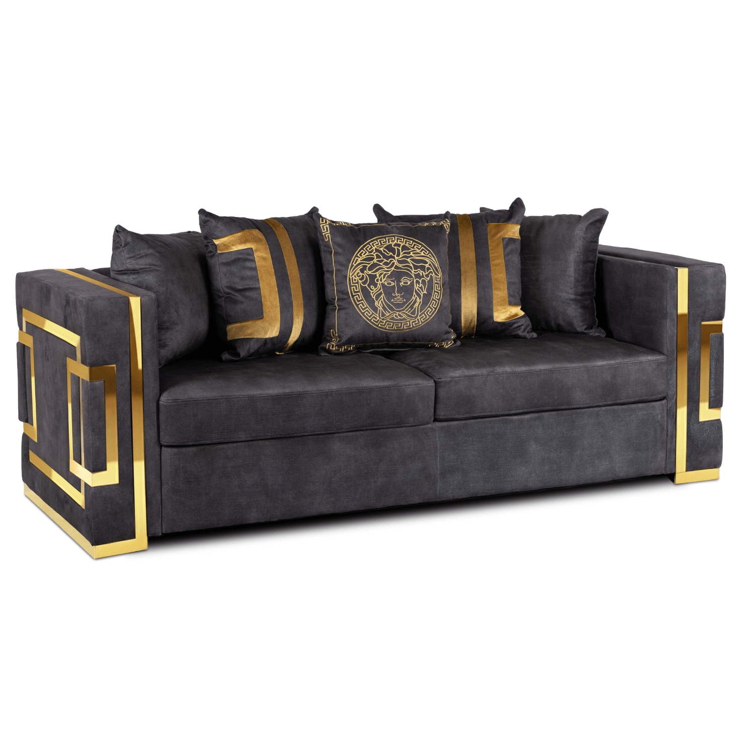 Sofa PALLAZO 3S Trzyosobowa Czarno/Złota Welurowa Nowoczesna Glamour