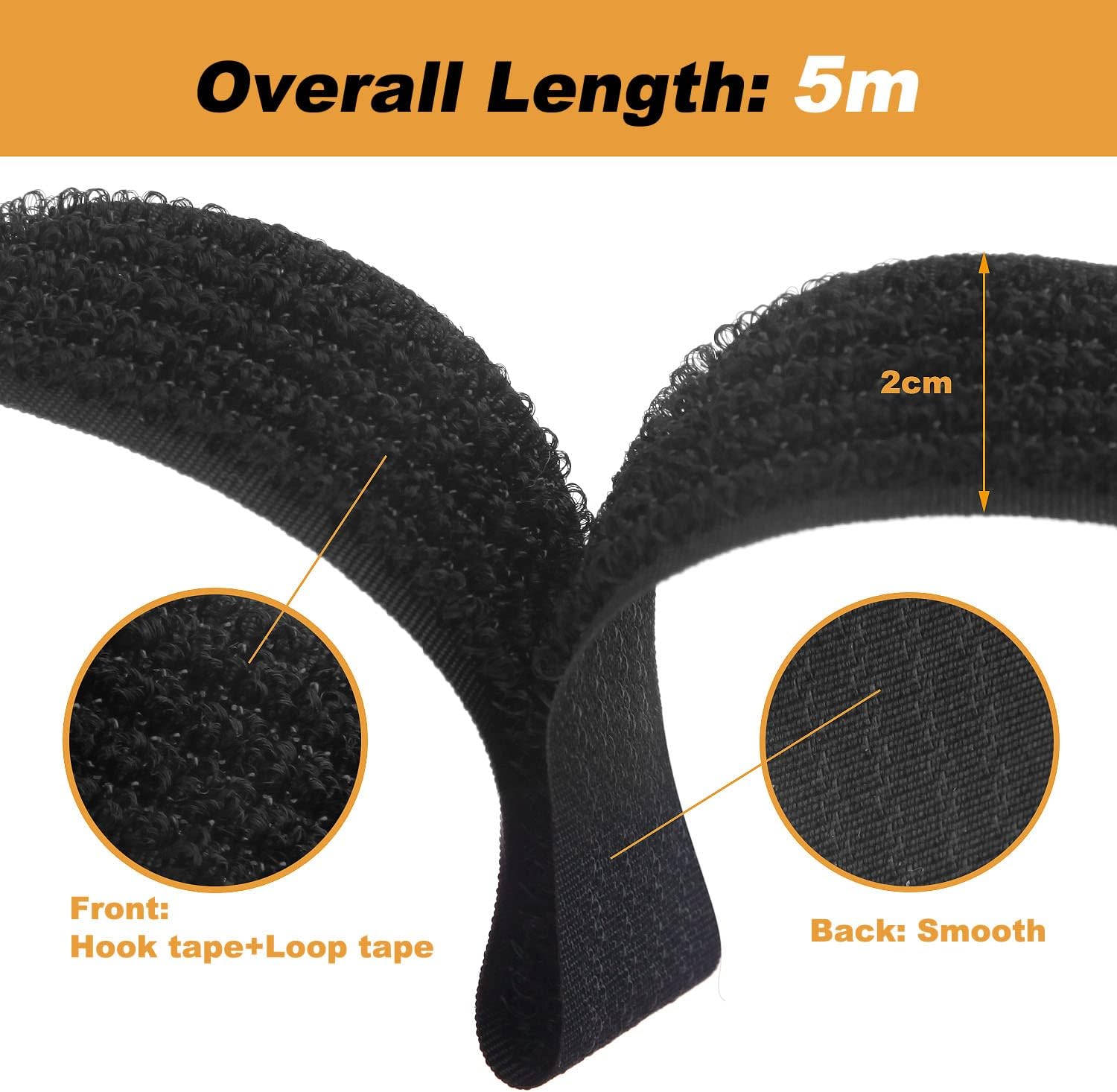 Attaches de Câble Réutilisables Réglables Noires de 5m Avec 25 Boucles et Sangle de Fixation à Crochet Pour la Gestion des Câbles (5m x 2cm, Noir) - 3