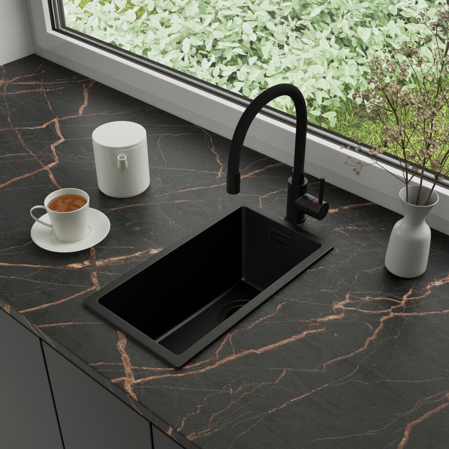 Zlewozmywak Granitowy 26x47cm, do szafki od 30cm + Bateria + Syfon - Agate Cały Czarny STONESTYLE