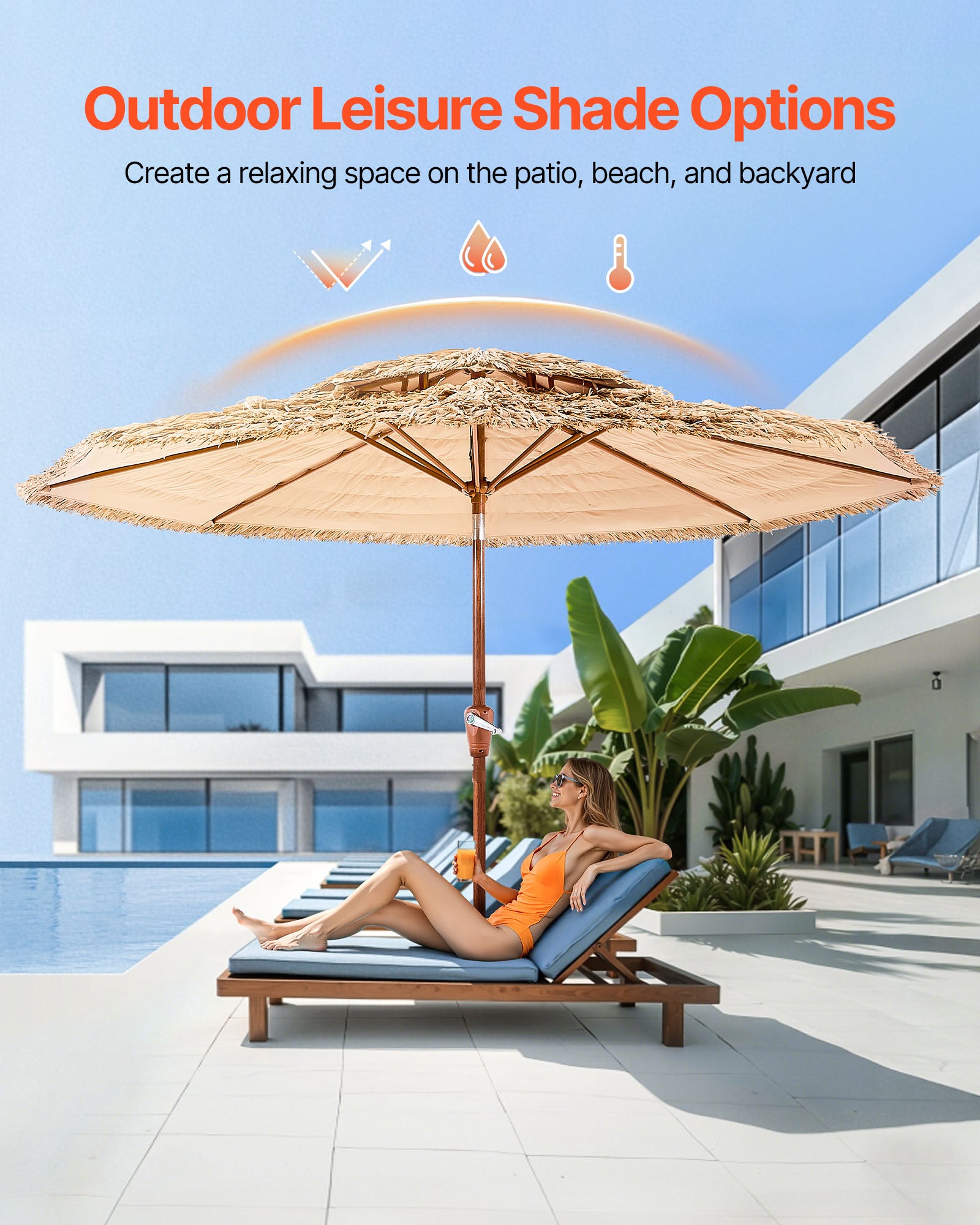 Ombrellone Da Spiaggia In Paglia 198 Cm - Inclinabile, Stile Hawaiano, In PP E Poliestere, Per Giardino, Piscina E Patio