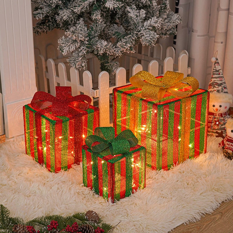 Scatola Regalo Regali Natale GWHOLE Set di 3, Scatole Regalo con Luci a LED Giallo Calde Pacchi Natalizi con Orpelli e Fiocco per Decorazioni Natalizie