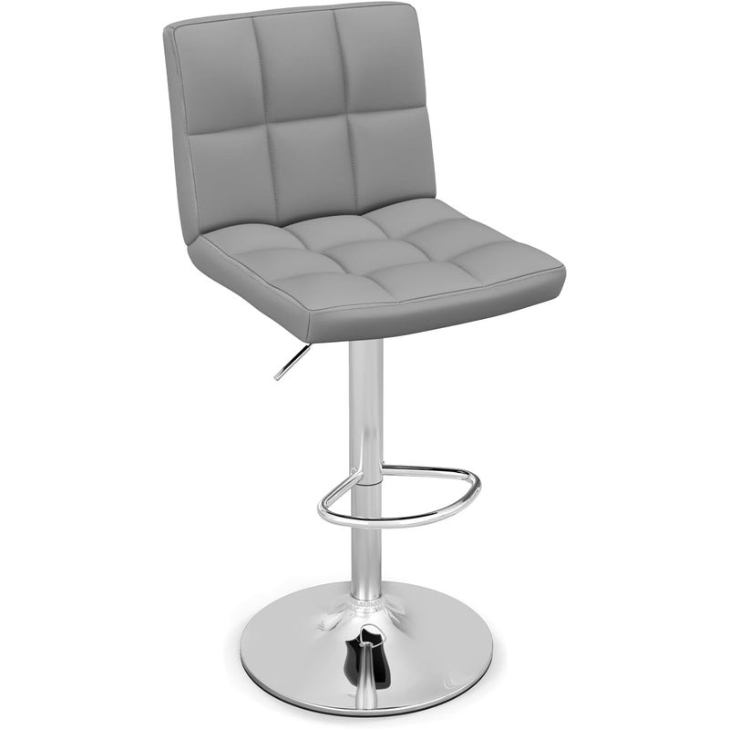 Stołki Obrotowe z Regulowaną Wysokością, Nowoczesne Stołki Barowe z Imitacji Skóry z Regulowanym Siedziskiem, Podnóżkiem, Metalową Podstawą, Szary