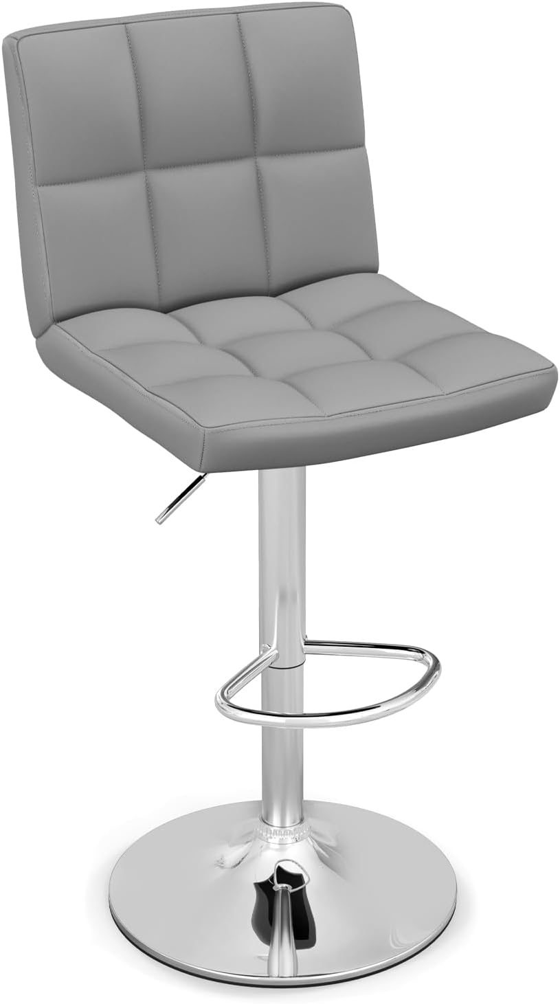 Stołki Obrotowe z Regulowaną Wysokością, Nowoczesne Stołki Barowe z Imitacji Skóry z Regulowanym Siedziskiem, Podnóżkiem, Metalową Podstawą, Szary