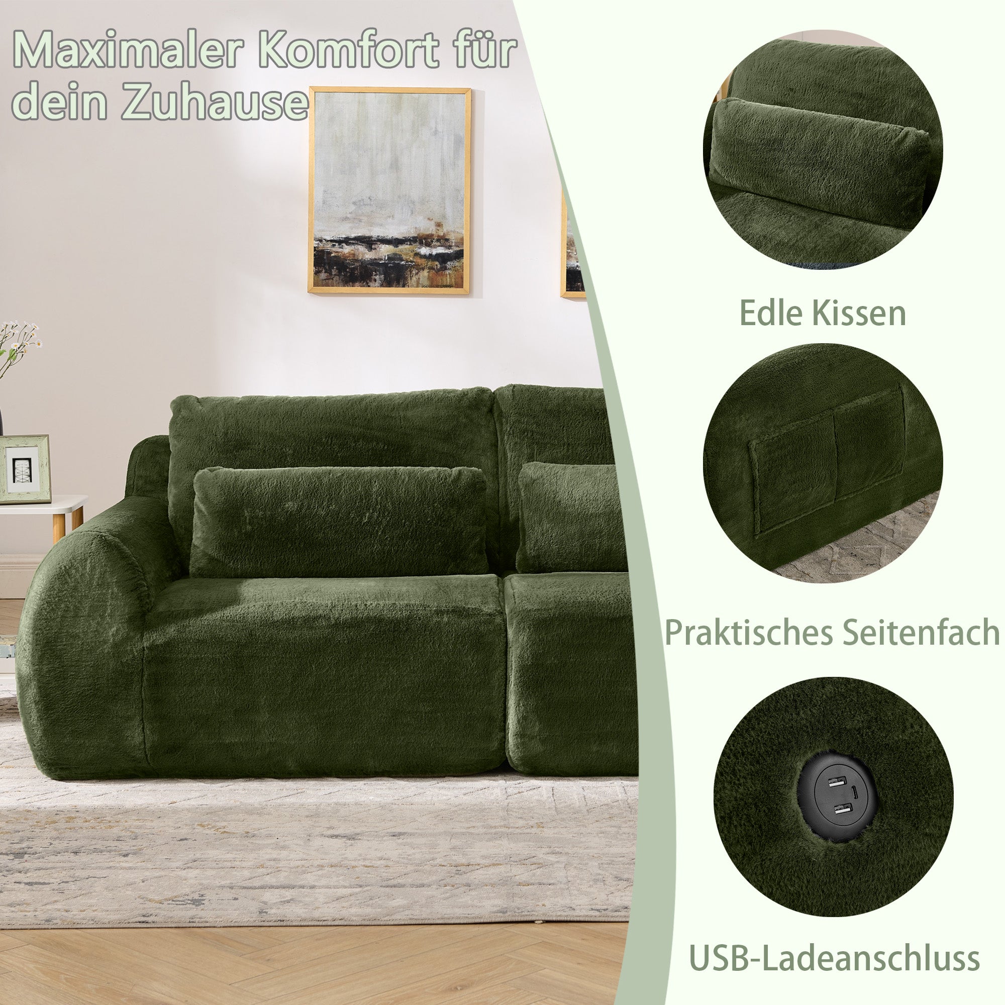 Canapé 2 places, canapé compressé 208x101x81 cm avec port USB et poche latérale, vert - 9