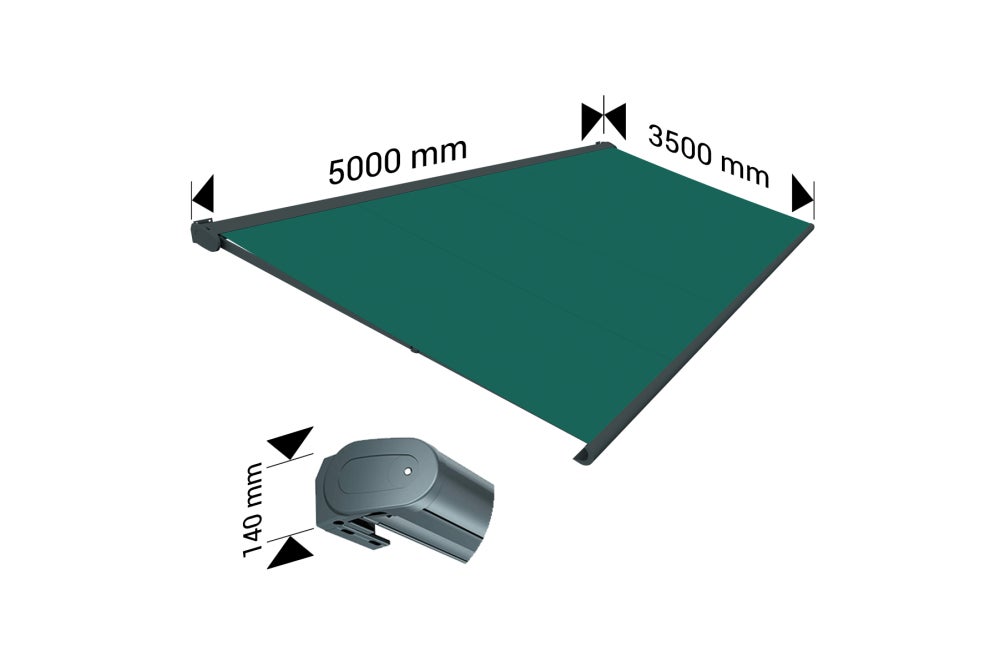 Store banne Coffre intégral PROTECT 2 LED SMART Gris Anthracite 5x3,5m Motorisé à télécommande + Capteur Vent + Eclairage LED - Toile Verte - 4