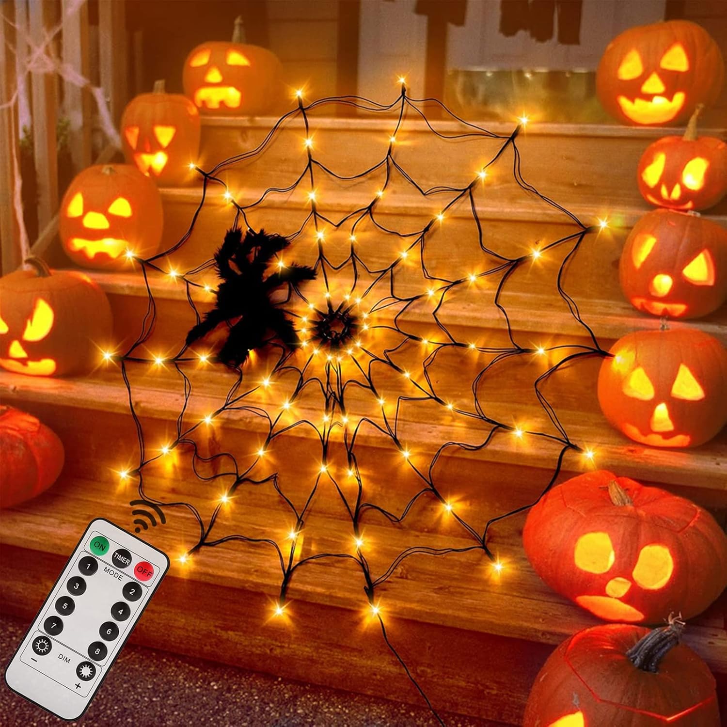 Dekoracje na Halloween w kształcie pajęczej sieci – średnica 1,2 m, 70 diod LED z czarnym pająkiem, wodoodporna siatka świetlna, kolor pomarańczowy
