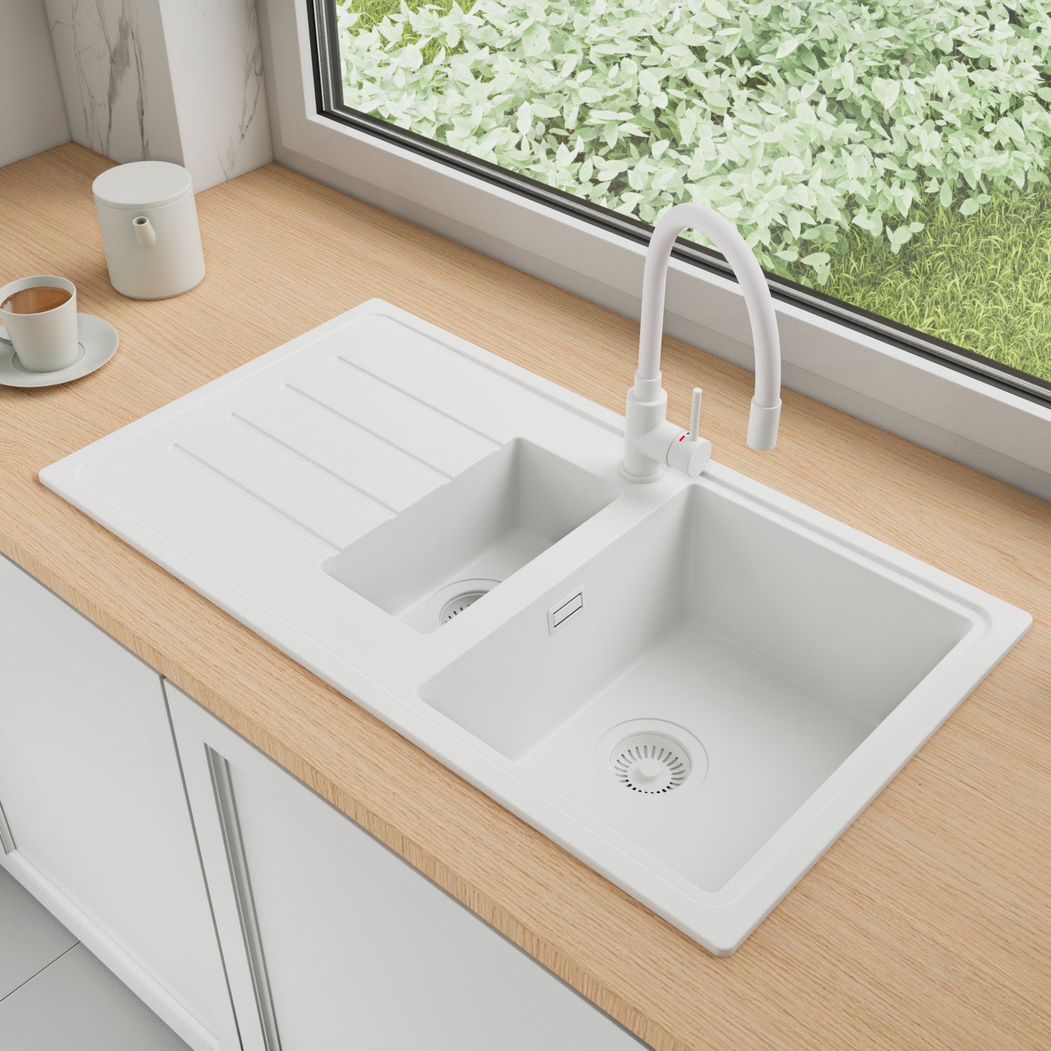 Zlewozmywak Granitowy 90x50cm, do szafki od 60cm + Bateria + Syfon - Ametyst Cały Biały STONESTYLE