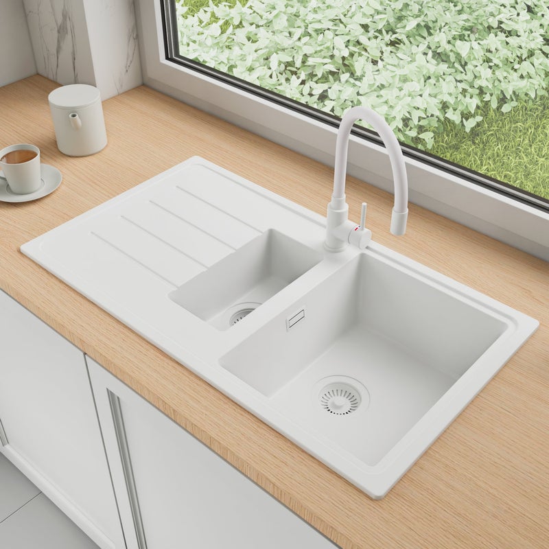 Zlewozmywak Granitowy 90x50cm, do szafki od 60cm + Bateria + Syfon - Ametyst Cały Biały STONESTYLE