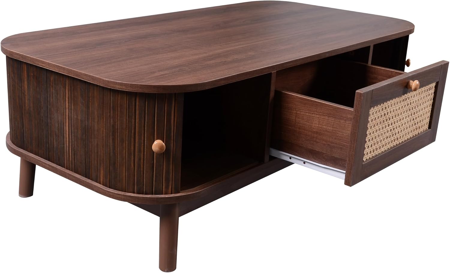 Table Basse avec tiroir en rotin et 2 Portes coulissantesf 110 x 55 x 38,5 cm, pieds en bois massif - Couleur Noyer - 8