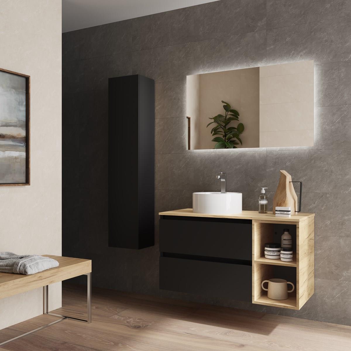 Meuble de salle de bain BEQUIA Plus 100cm Noir mat /Chêne | Vasque à poser Porcelaine Côté réversible - 2