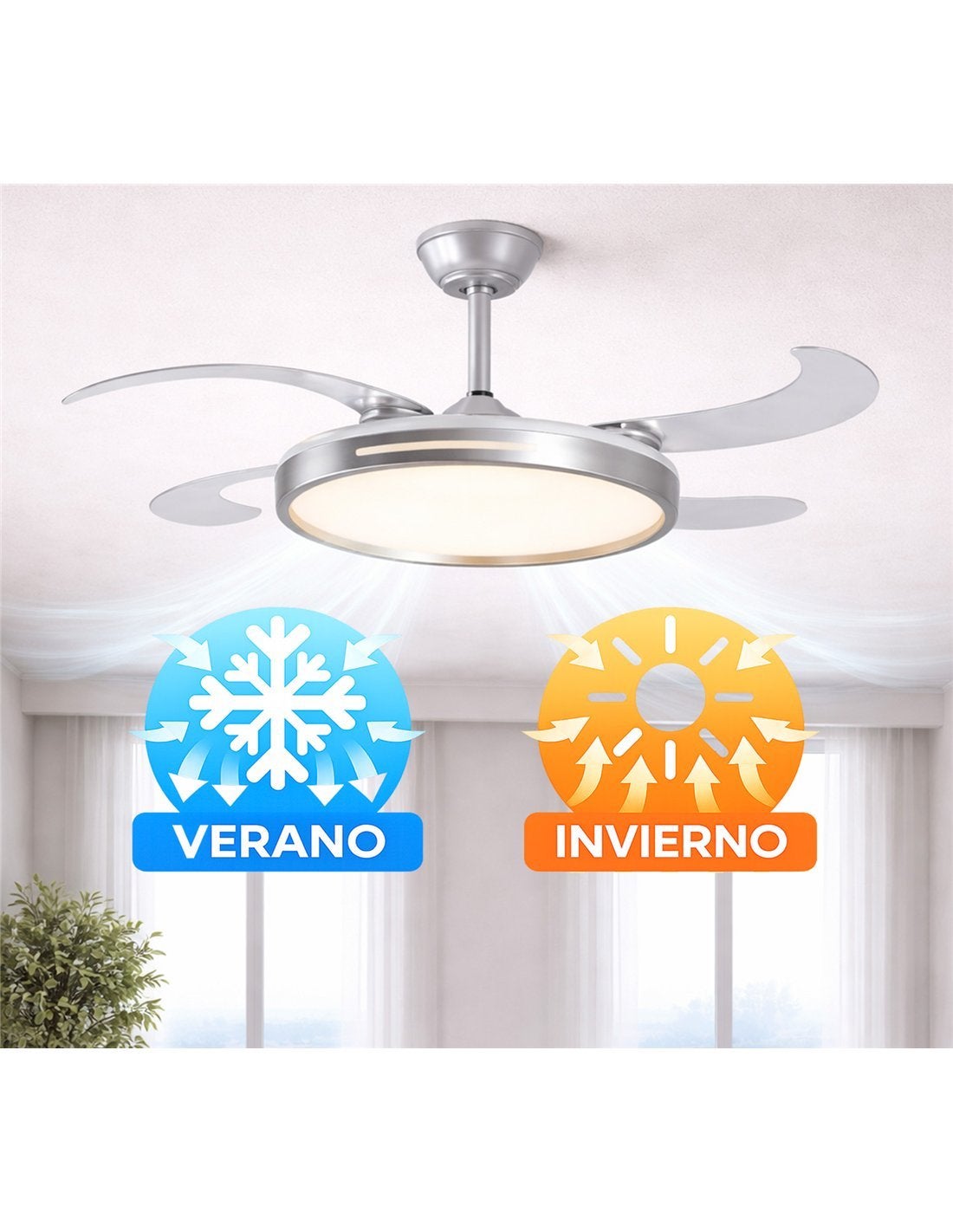 JARDIN202 - Ventilador de Techo con 4 Aspas Retráctiles, Motor DC, Wifi, Tuya App, Luz LED Regulable, 6 Velocidades | 50 cm (Conil Wifi Plata) - 6