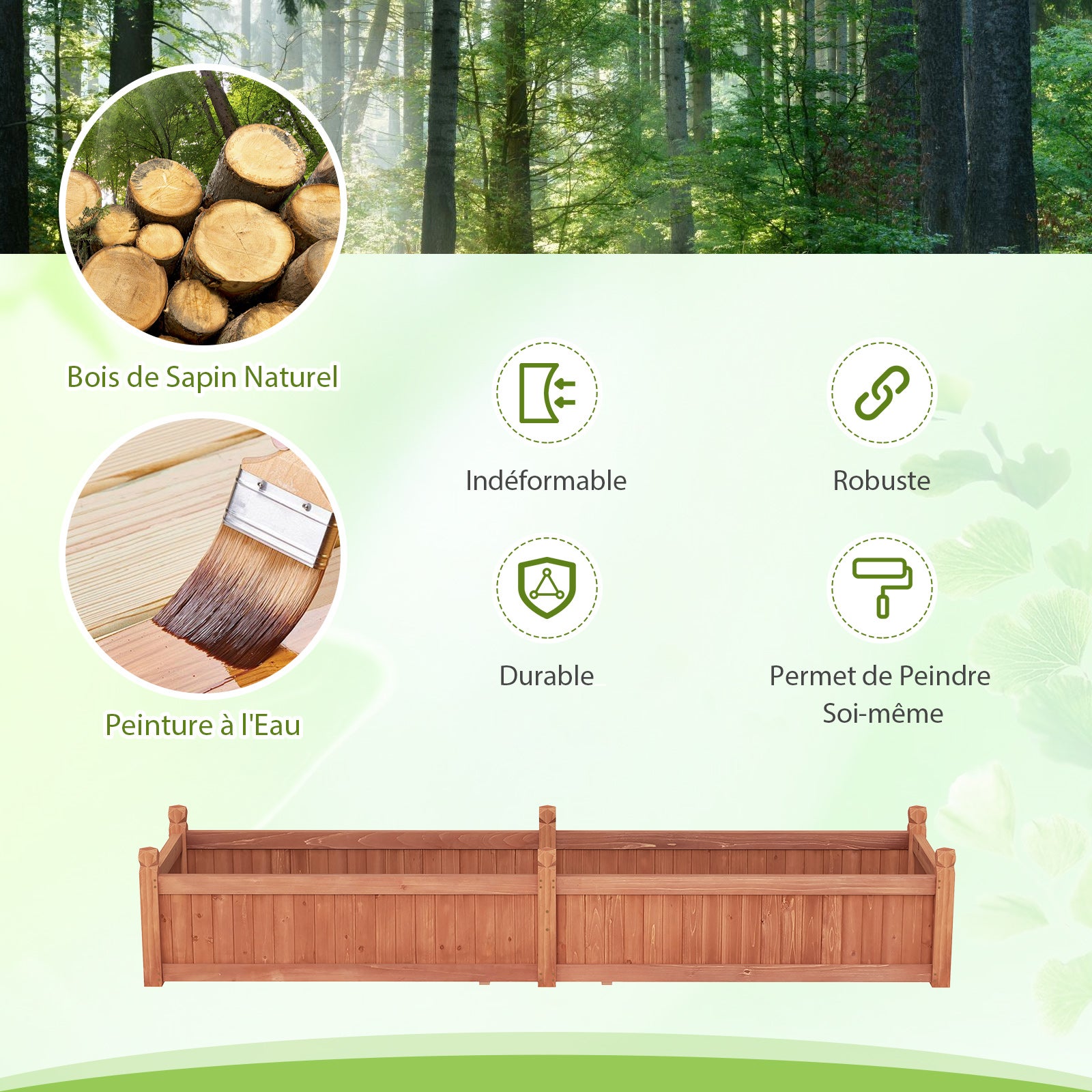 Jardinière Rectangulaire 227 x 59,5 x 40 cm avec Séparateur, Système de Drainage, Doublure, pour Cultiver des Légumes, Fleurs, Marron - 4