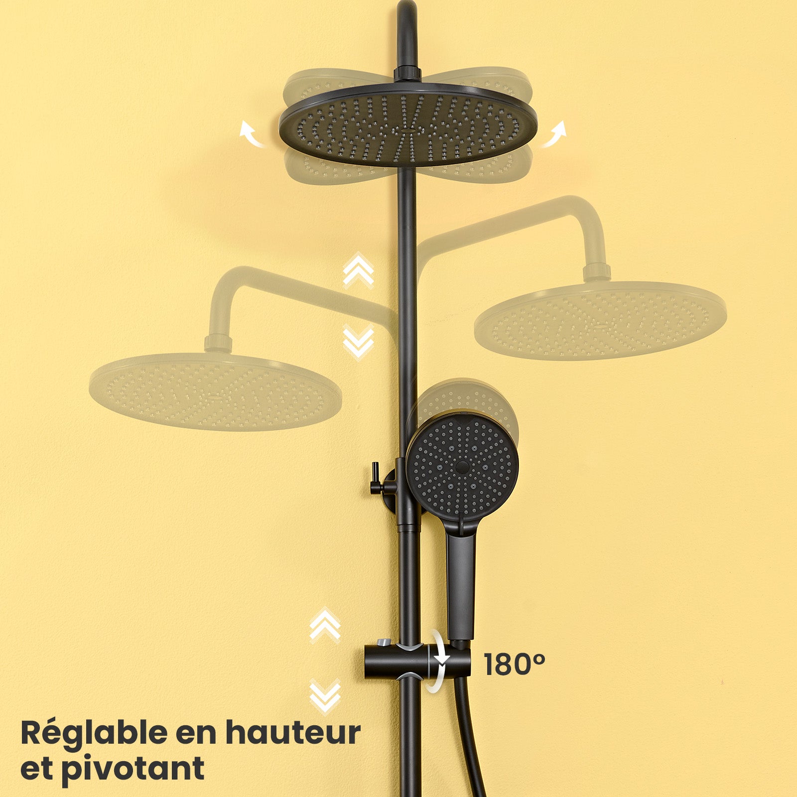 Colonne Douche Sans Robinet en Inox Noir- Ensemble Mural Réglable Avec Pommeau Effet Pluie Rond(25*25 CM),Douchette 4 Fonctions/Étagère - 6