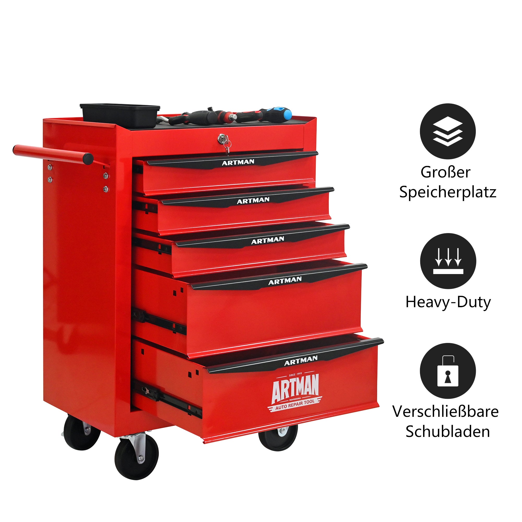 Coffre à outils métallique à roulettes avec 5 tiroirs, armoire à outils pliable en 5 parties avec glissières à billes - 2