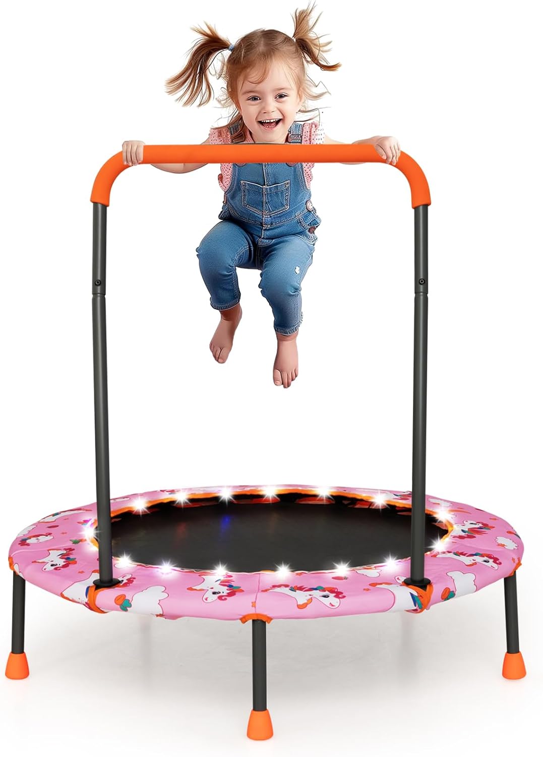 Trampolina dla Dzieci Ø 92 cm, Oświetlenie LED, Stalowa Rama, Zdejmowana Rączka Zabezpieczająca, dla Dzieci w Wieku 3–6 Lat, Kolor Różowy