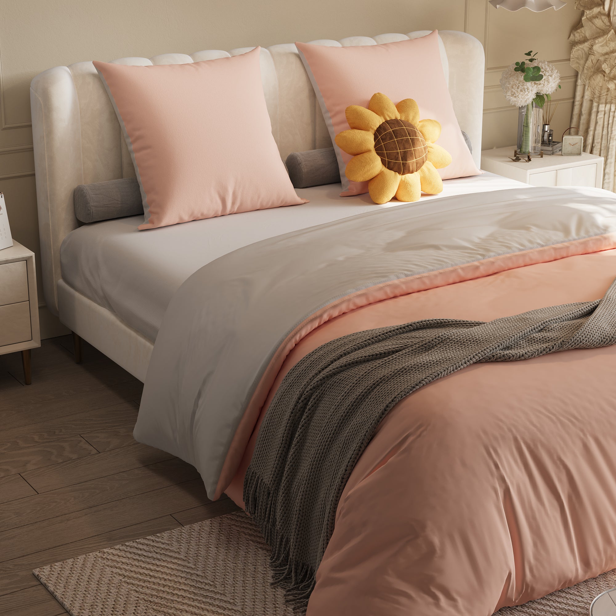 Ensemble de lit double quatre pièces, 140x210 cm, comprenant housse de couette, taies d'oreiller et drap-housse, rose. - 8