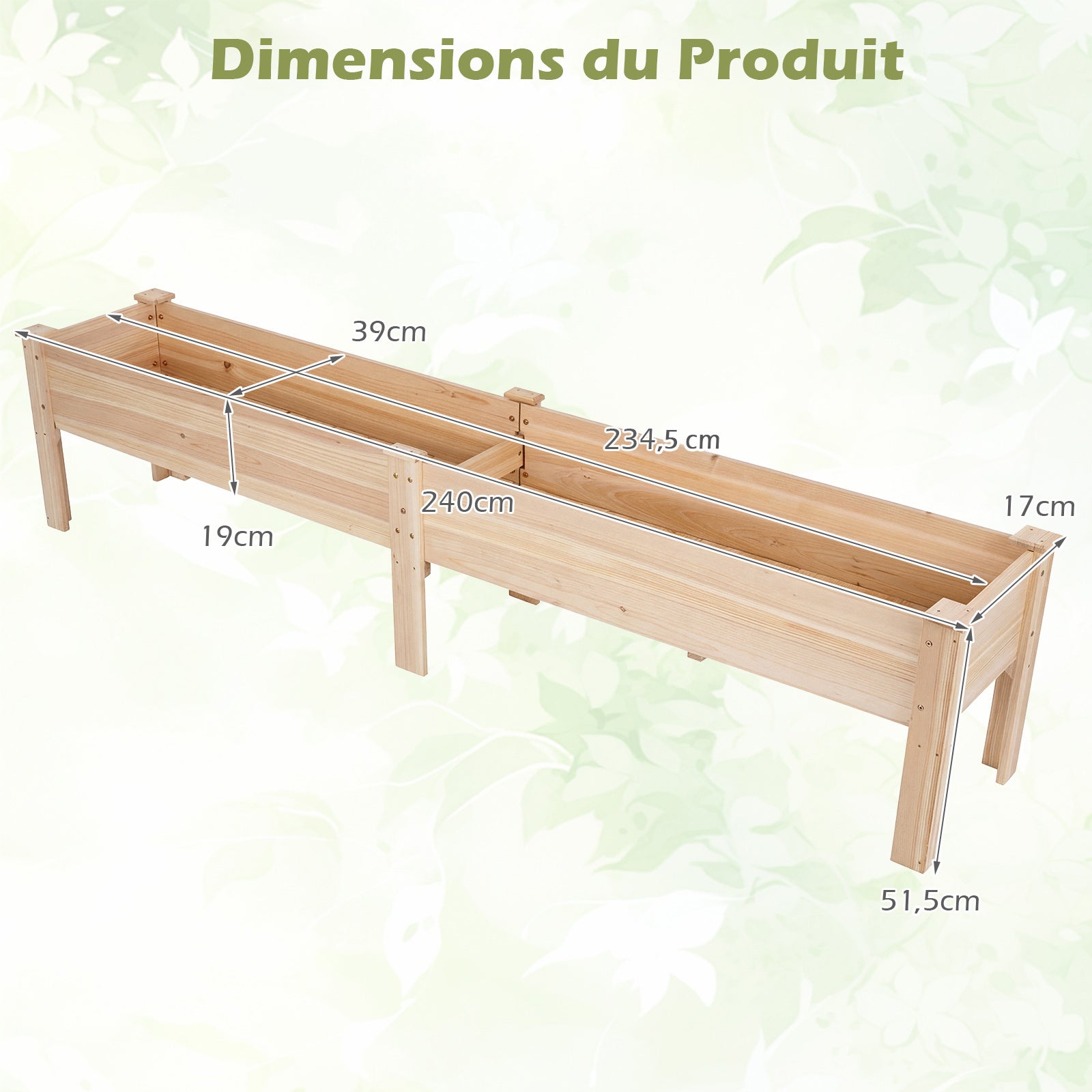 Jardinière avec 2 Zones de Culture, Bac à Fleur Surélevé en Bois de Sapin Plateaux Amovibles Séparation Trou de Drainage, 240 x 43,5 x 51,5CM, Naturel - 4