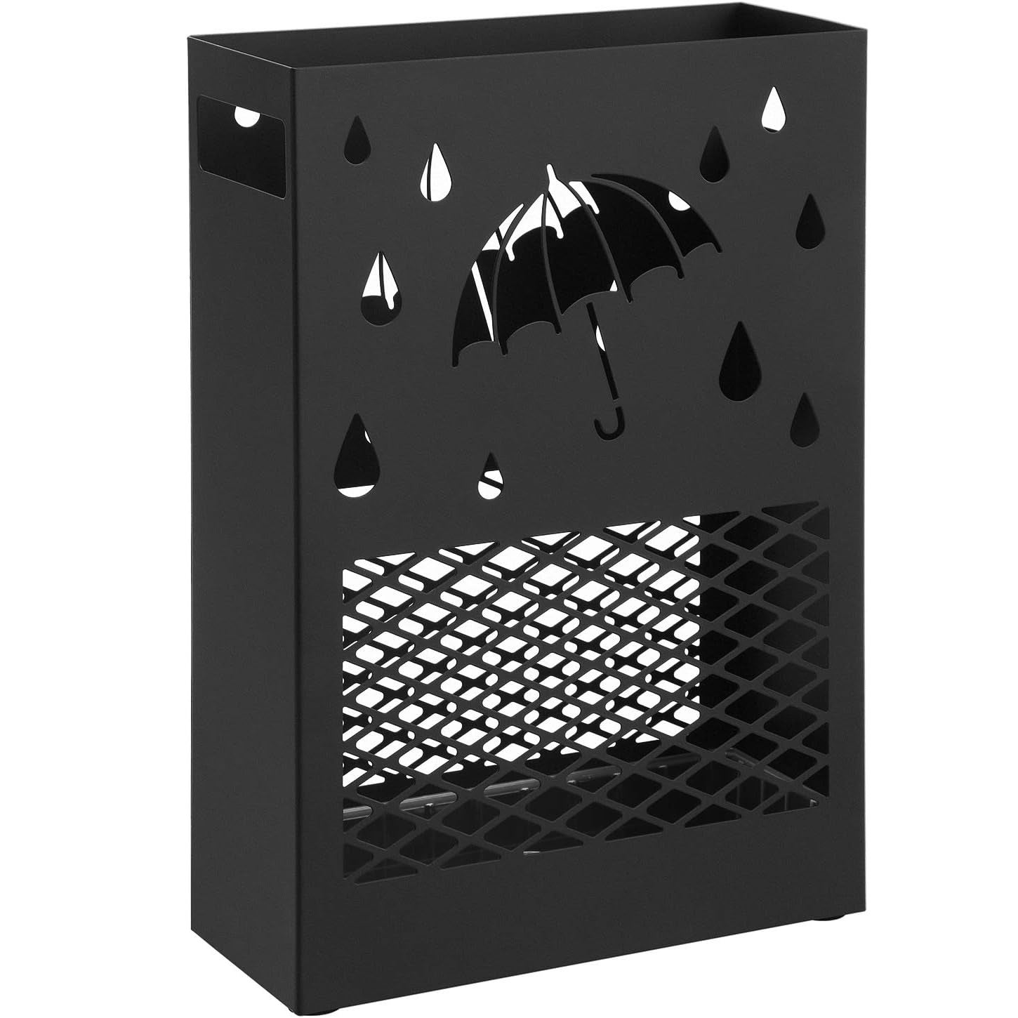 Suport metalic pentru umbrele, cu carlige si tava de picurare, 28x12x41cm, negru