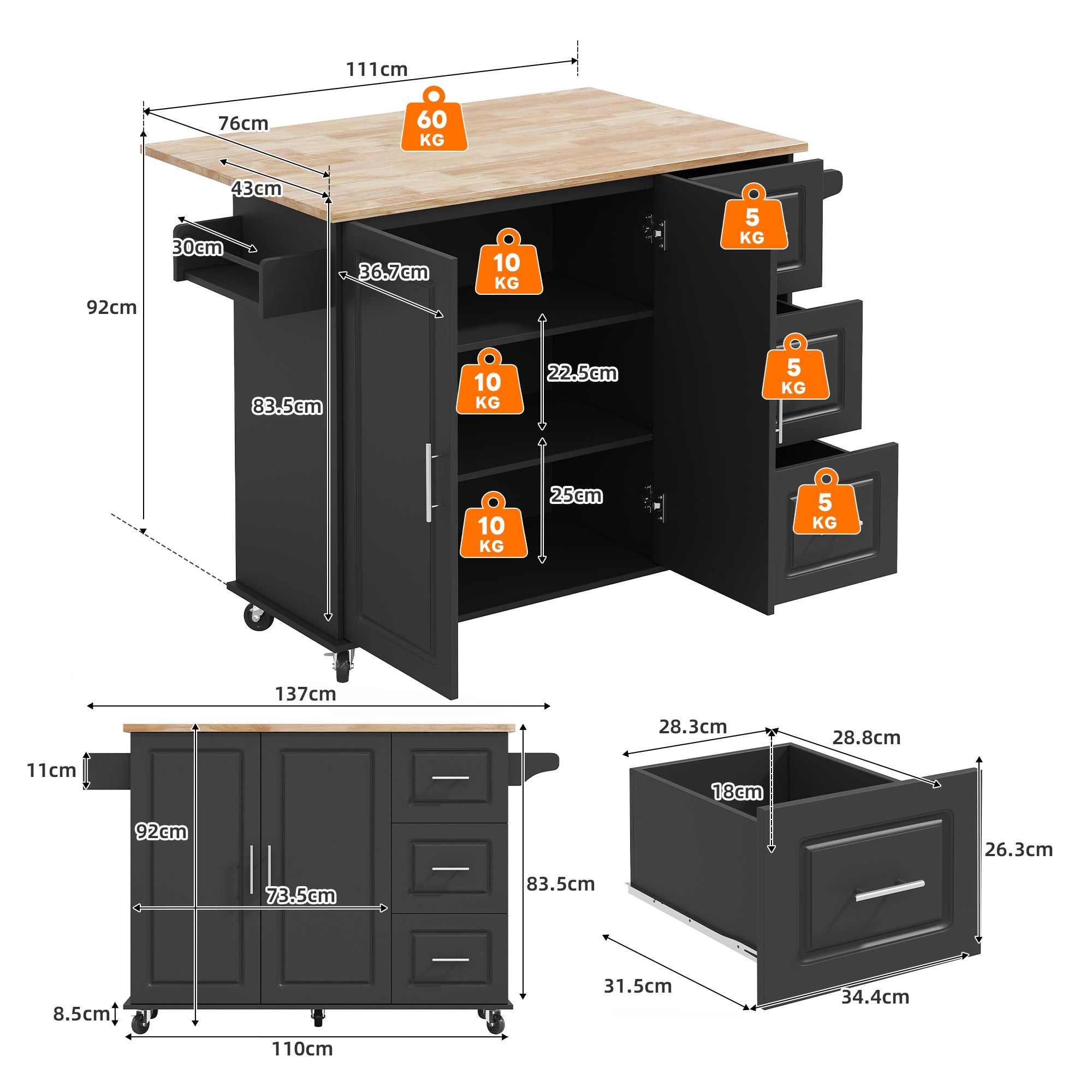 Ilot central de cuisine 137x43-76x92 cm - Plateau extensible, Cuisine multifonction avec 3 Tiroirs et Porte-Serviettes Plan de Travail en Chêne, Noir - 9