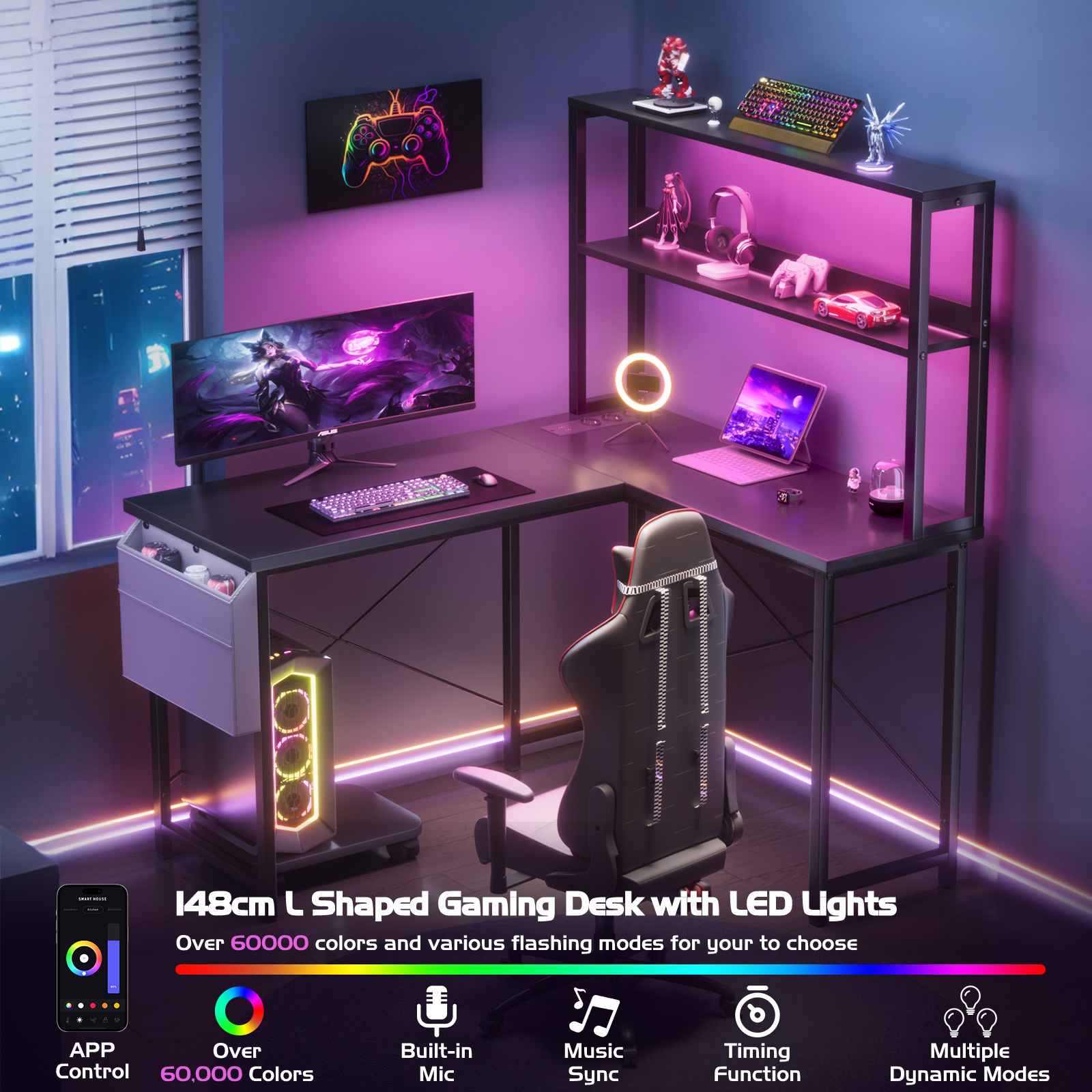 Scrivania angolare L 135 cm con LED e prese, scrivania gaming doppia con scaffali, supporto PC, ganci e tasca portaoggetti per casa e ufficio - 7