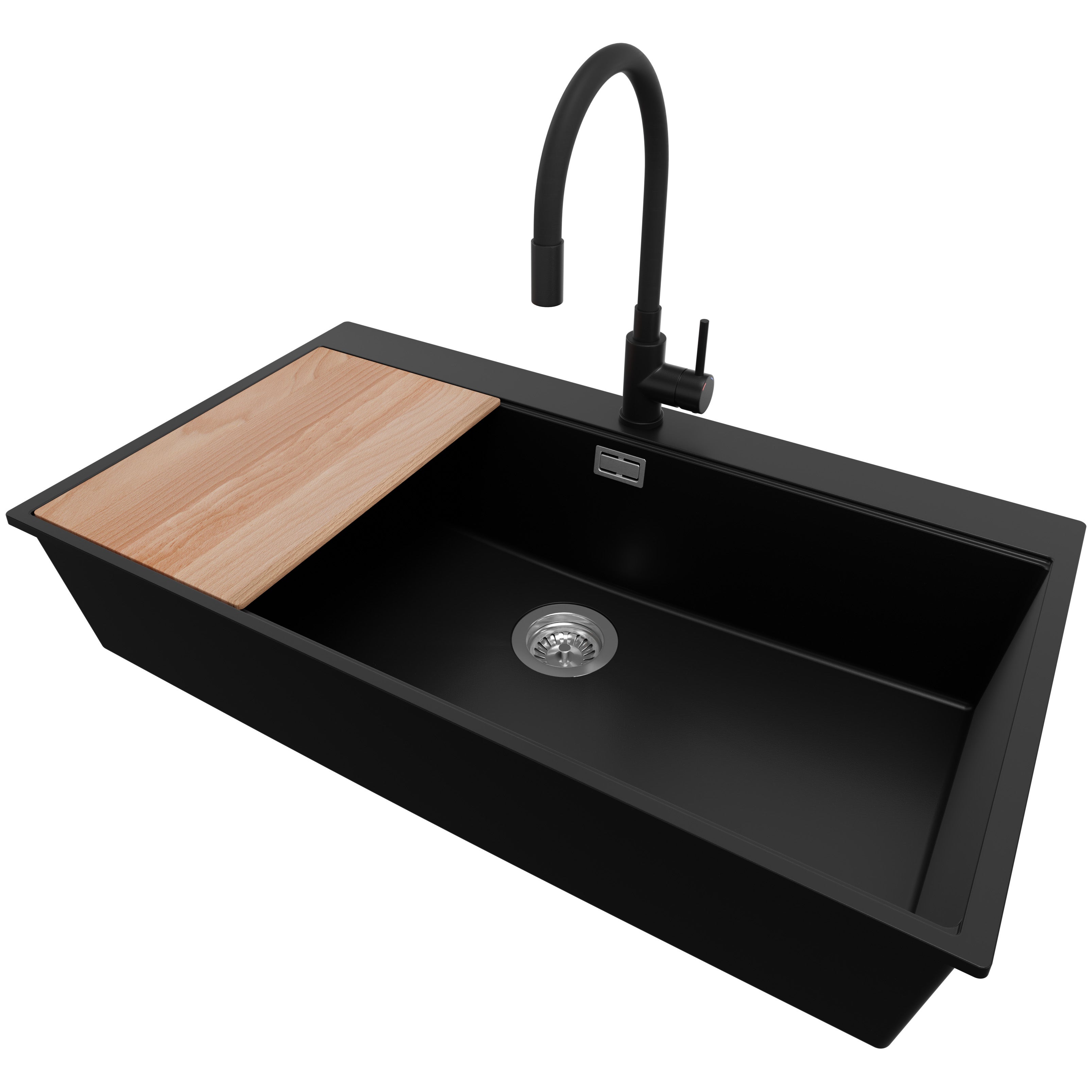 PRIMAGRAN Fregadero Granito Negro 78x50cm, Fregadero Cocina 1 Seno Grifo 40x22cm Sifon Fregadero Sobre Encimera Al Mueble 80cm Riga 95870937