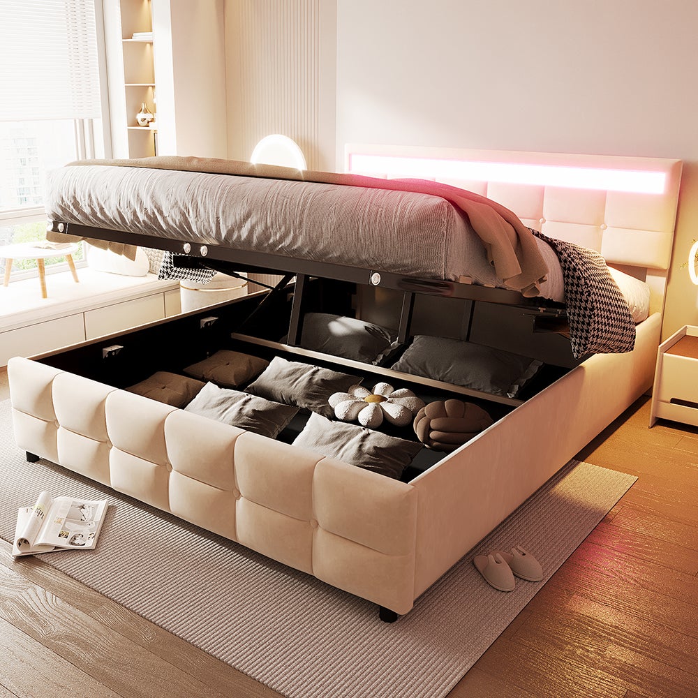 Lit rembourré 180*200 cm, éclairage LED, sommier à lattes, tissu velours, beige - 2