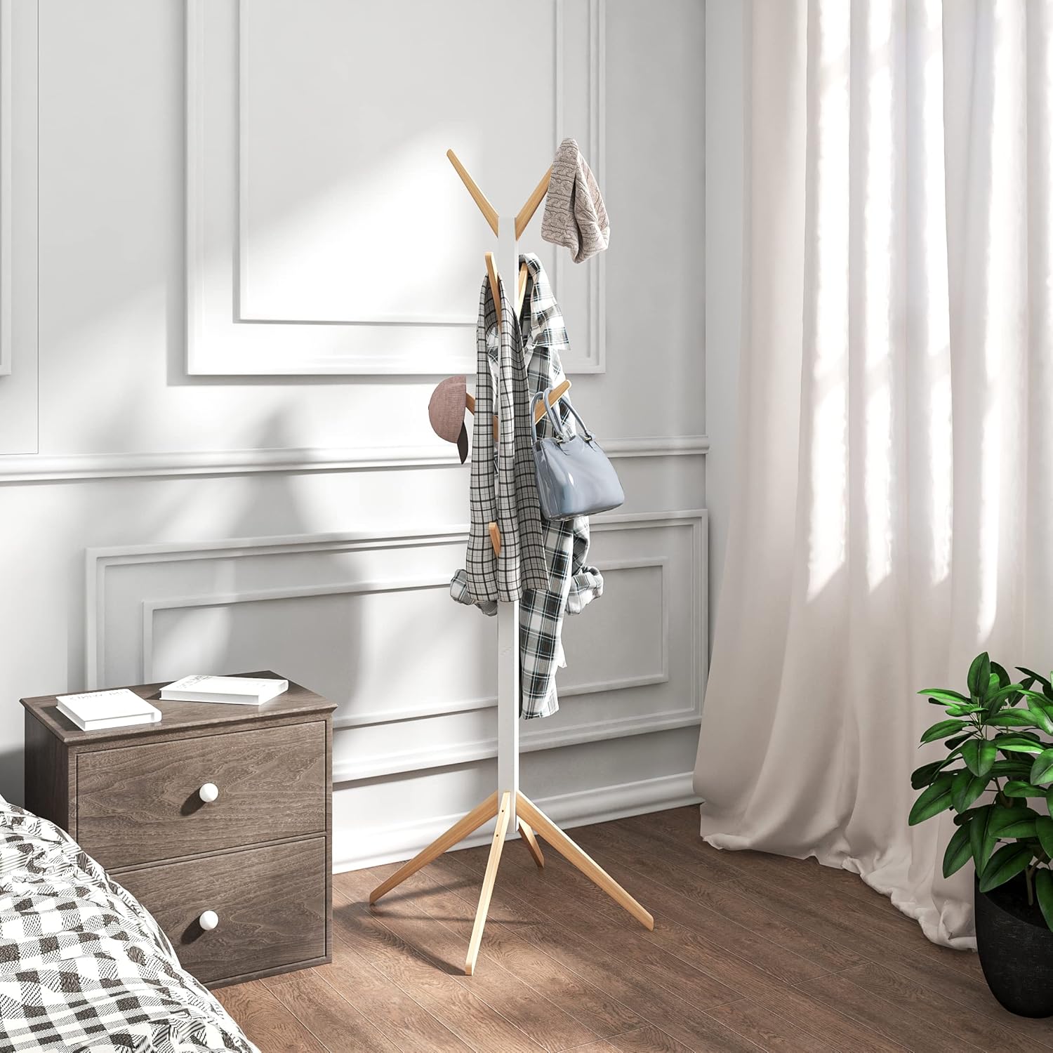 WOLTU Porte-manteau sur pied en bois massif, En forme d’arbre avec 8 crochets, 180 cm, Nature+Blanc - 2