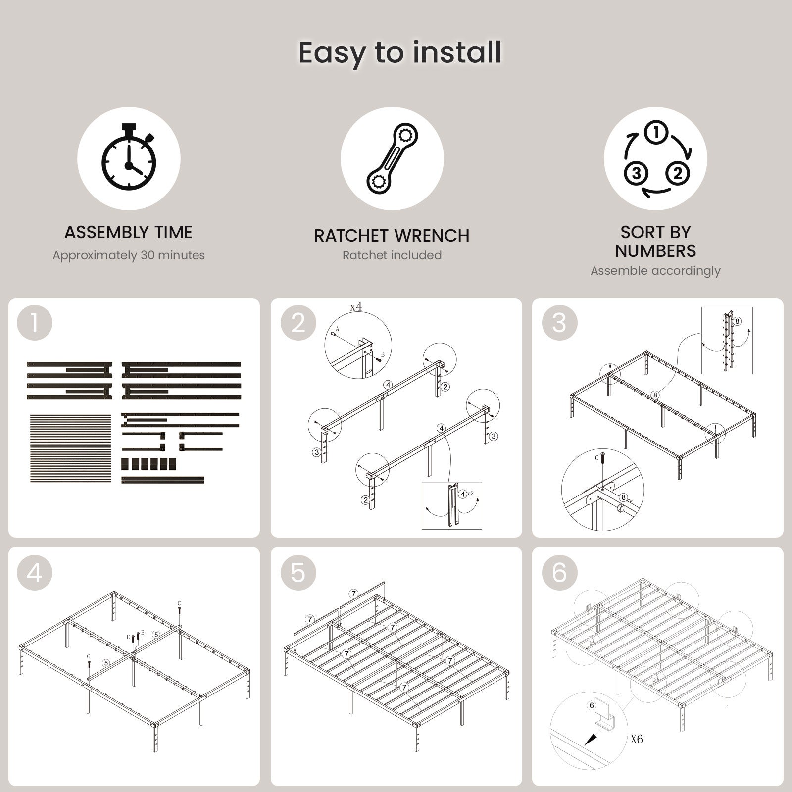 Cadre Lit Plateforme Moderne: 140x200 cm, Cadre Lit Métallique, Pieds Rectangulaires Robustes, Lattes Silencieuses. AURALUM MAX. - 9