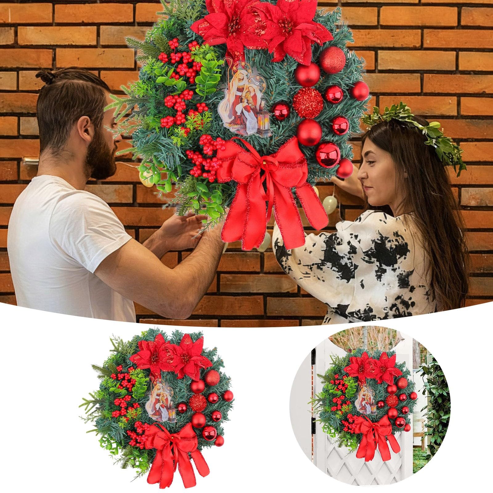 Ghirlanda natalizia, decorazione invernale con ghirlanda, adornata con pigne e bacche rosse, decorazione per la casa durante le feste, 30 cm - 6