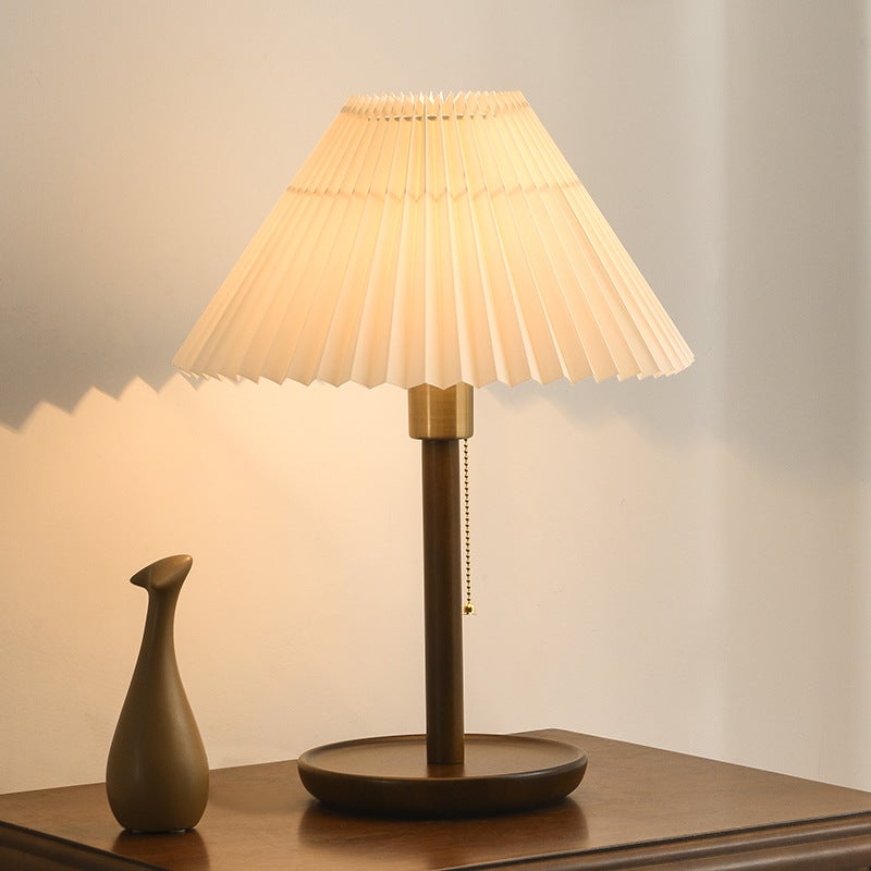 Plisowana lampa stołowa, lampka nocna z litego drewna w stylu vintage, lampa biurkowa, dekoracyjna lampa stołowa z żarówką, 3 temperatury barwowe