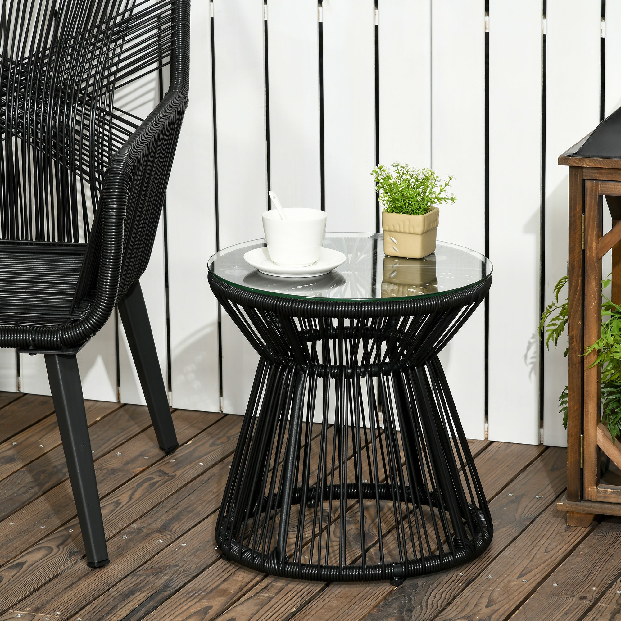 Table de jardin ronde en forme de tambour creux, table de bistrot avec plateau en verre, table basse noire pour jardin et balcon - 2