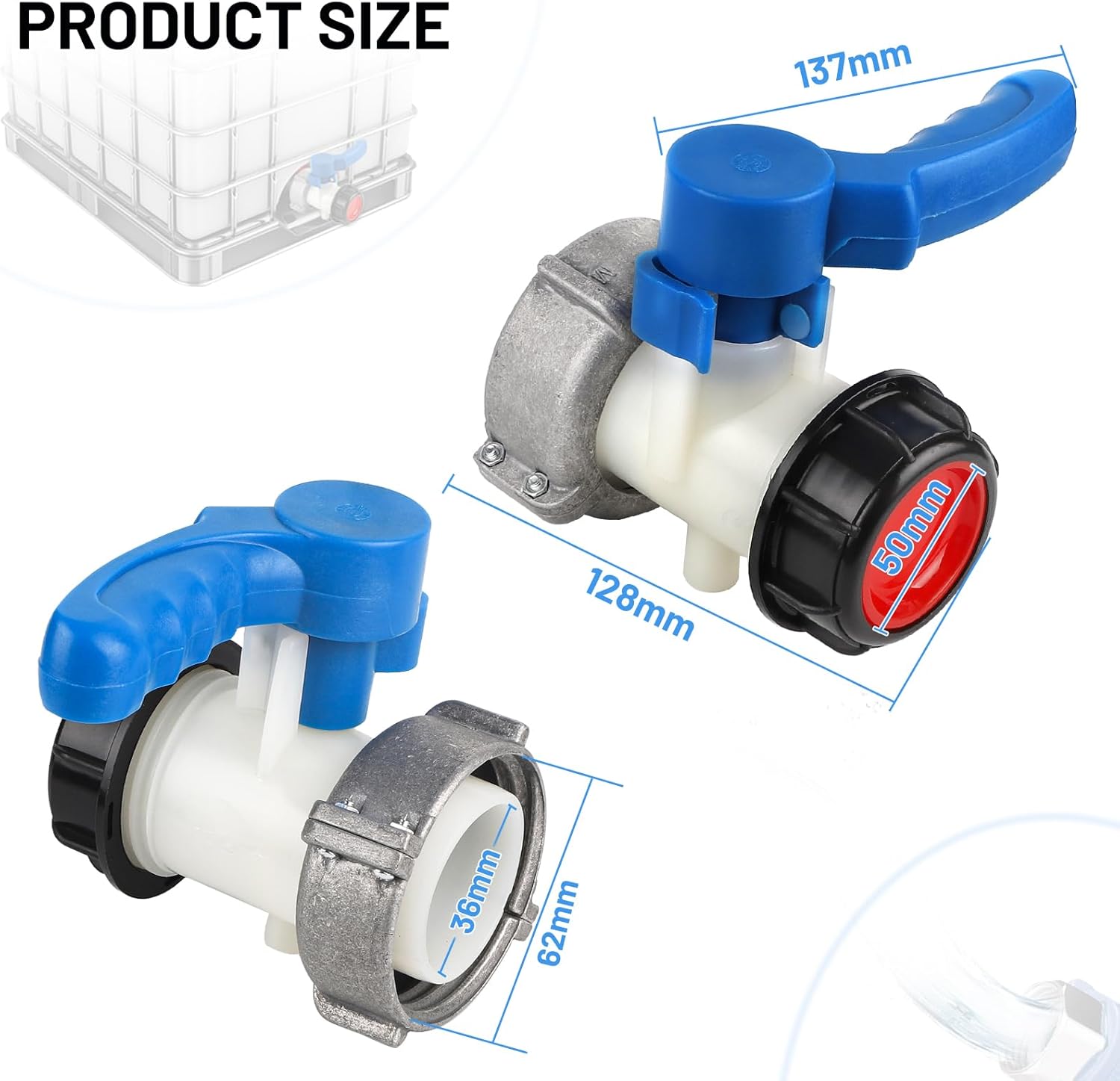 Robinet de réservoir IBC 1000 L - Adaptateur de réservoir 1000 L DN50 (62 mm) - Raccord de réservoir IBC - Robinet de vidange Connecteur -Papillon IBC - 2