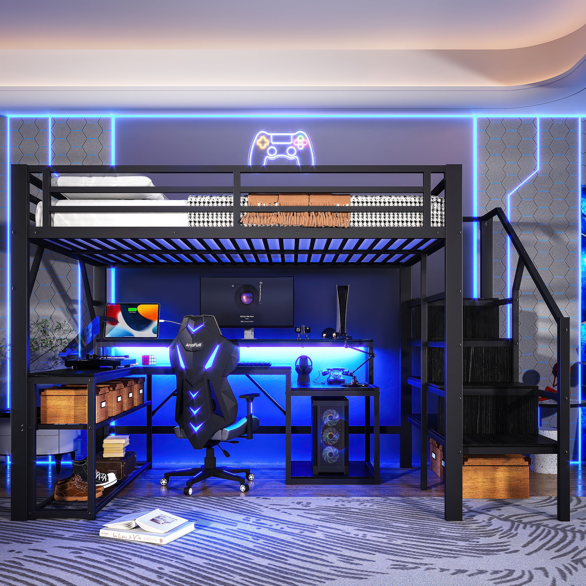 Lit mezzanine 140 x 200 cm avec LED et port USB et bureau, rangements et escalier avec stockage, garde-corps sécurité, sans matelas, Noir - 2