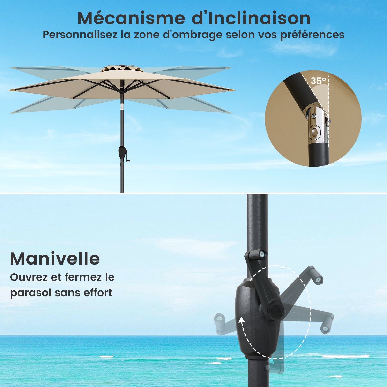 Parasol de Jardin Extérieur Ø 230 CM, Parasol Balcon sans Pied, Inclinaison Réglable à Bouton-Poussoir, 6 Baleines Robustes, Beige - 3