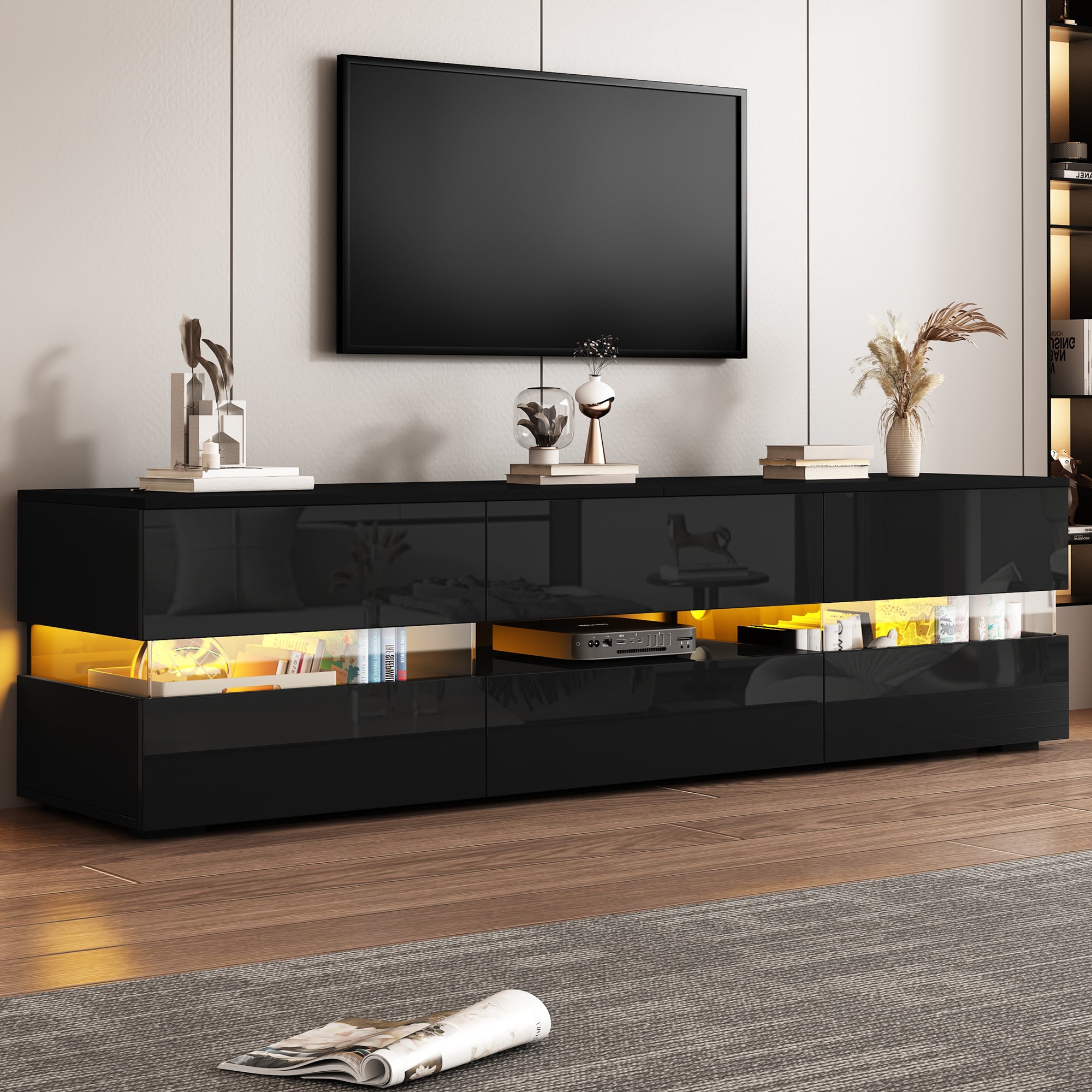 Szafa TV z LED, 160x39x45 cm, czarny, Hochglanz, 2 drzwi, 1 szuflada, do telewizora 70 cali