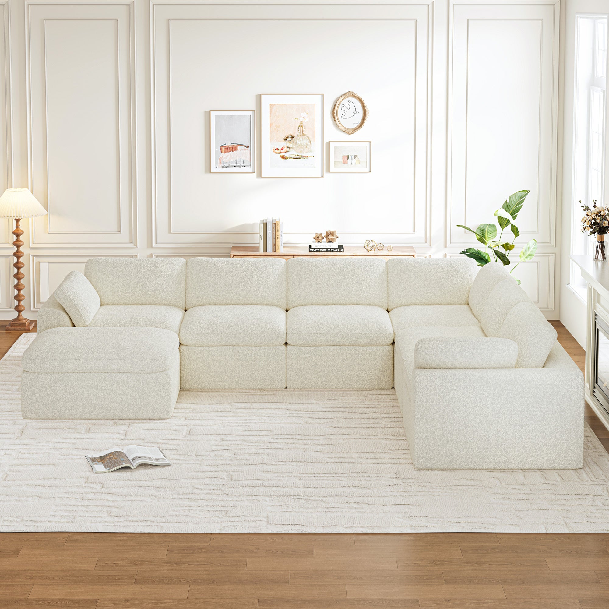 Canapé d'angle Panoramique Modulaire 7 Places en Chenille pour Salon/Bureau,Repose-pieds Amovible ,Beige - 2