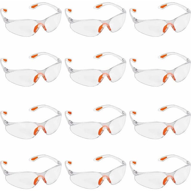 Lot de 12 Lunettes de Sécurité Transparentes - Lunettes de Protection avec Verres en Plastique, Pont-de-Nez et Embouts de Branches en Caoutchouc