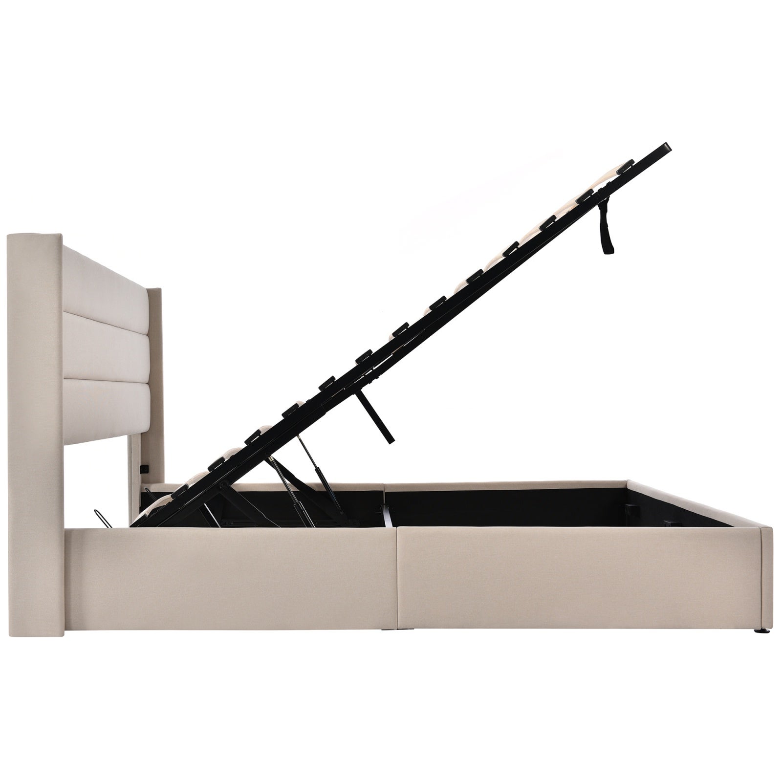 Lit coffre 160x200 avec rangement, lit double adulte avec sommier, structure métallique, revêtement en lin, grand espace de rangement - Beige - 5